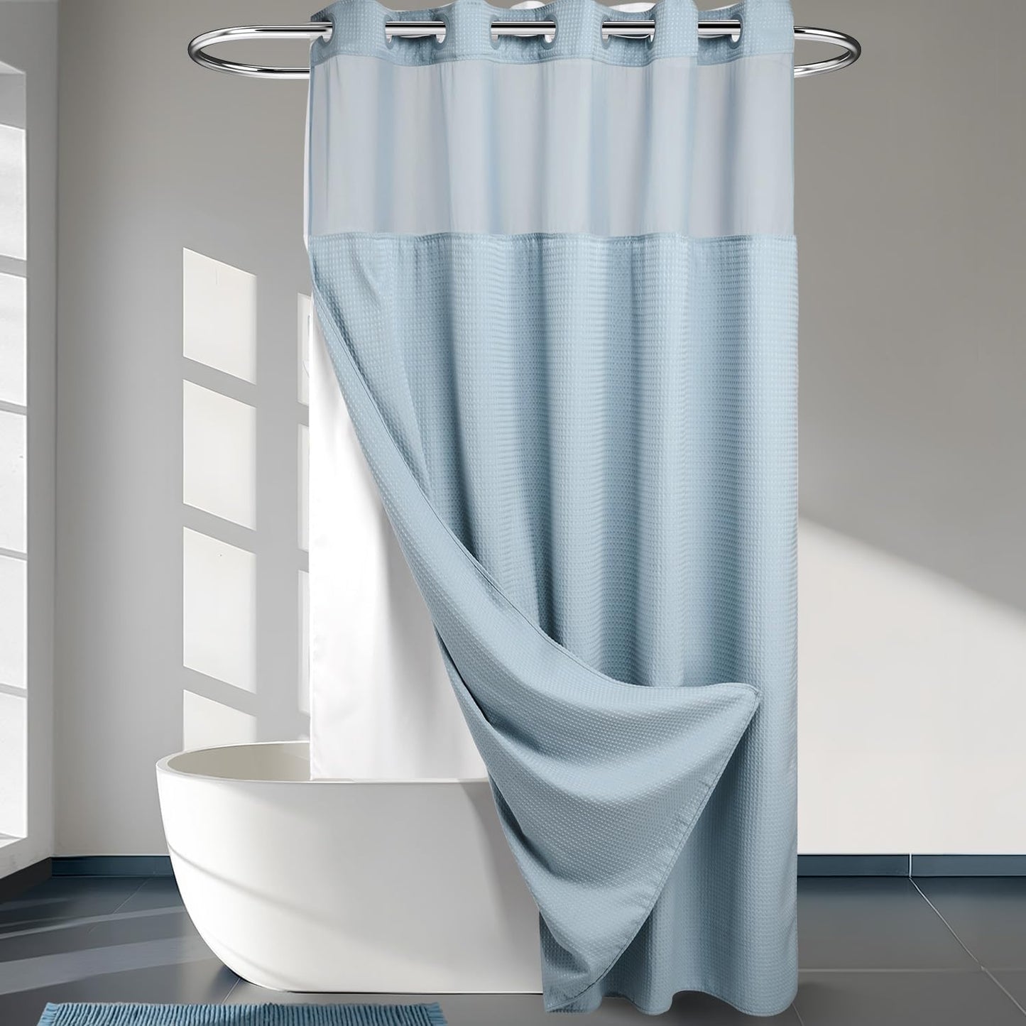 River Dream Heavyweight No Hooks Required Dotted Waffle Weave Shower Curtain with Snap in Liner -Extra Long 71W x 86H,Hotel Grade,Spa Like Bath Curtain,Blue