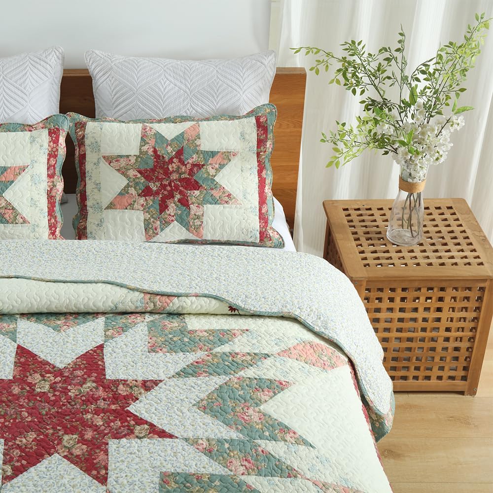Cotton Bedspread Quilt Bedding Sets, 3 Pieces Reversible Coverlets Comforters Star with Red Floral Real Patchwork Bedspread,Queen Size