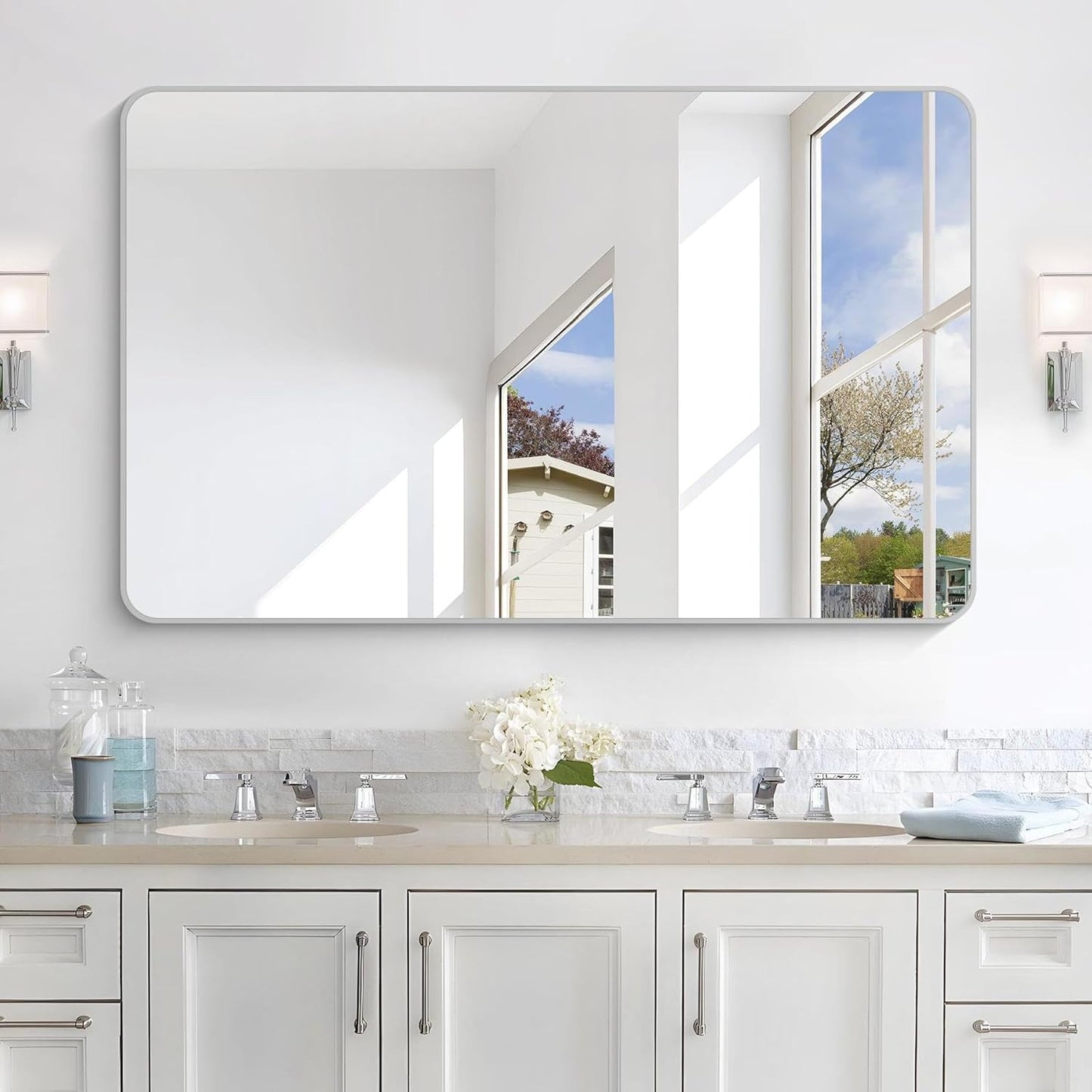 48x30 Inch Silver Bathroom Mirror, Metal Framed Silver Rectangle Mirrors, Rounded Rectangular Vanity Mirror, Wall Mounted Mirrors for Living Room Bedroom Entryway Hangs Horizontal or Vertical