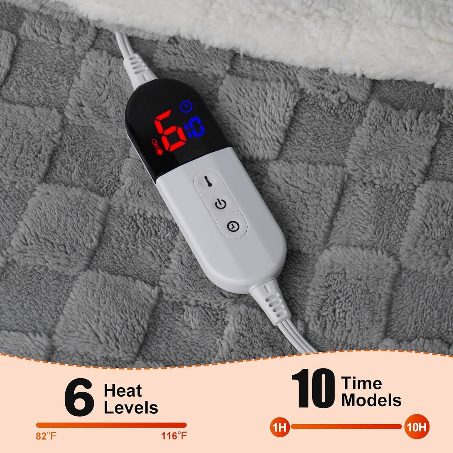 Electric Blanket, Heated Blanket with 6 Heat Levels & 10 Hours Auto Off, Soft Checked Flannel Fast Heating Blanket with ETL & FCC Certification (Gray, 90"X100")