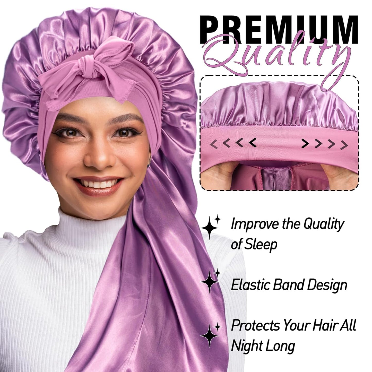 2Pcs Bonnets for Black Women Braid Bonnet, Large Long Satin Bonnet for Braids, Silk Bonnet with Stretchy Tie Band Sleep Cap Hair (Black&Dark Purple)