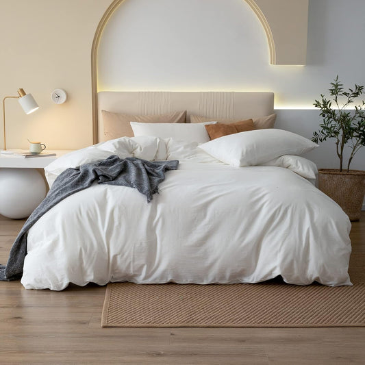 JIYUAN 100% Washed Cotton Duvet Cover Set 3 Pieces Alaska King, 1 Duvet Cover 132x120 Inches(Comforter Not Included) and 2 Pillowcases,Linen Feel Bedding Set Comfy and Breathable,Off White