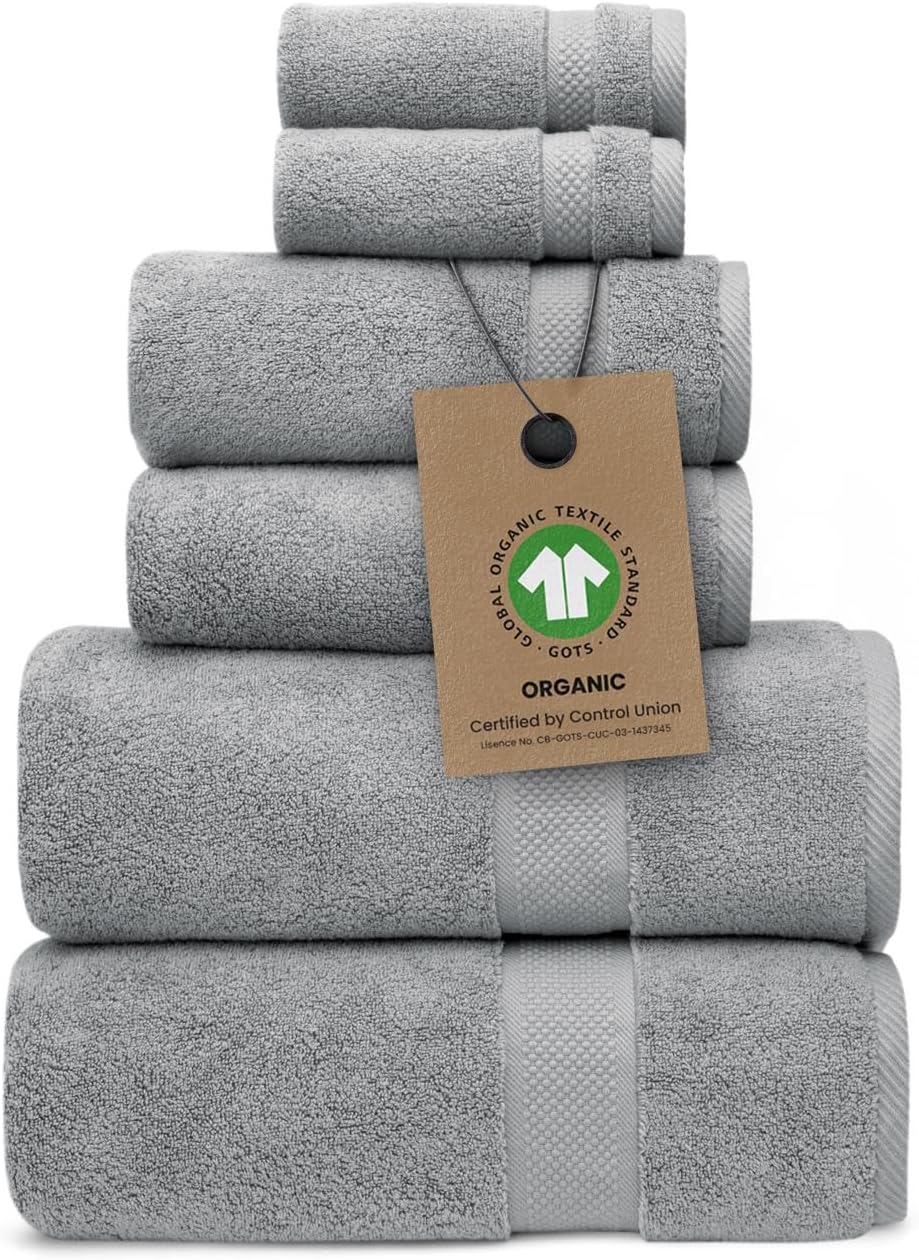 100% Organic Zero-Twist Cotton Towels - GOTS Certified Luxury Bath Towels - Ultra Soft & Plush 700GSM Long-Staple Cotton - 6 Piece Towel Set (Pewter Grey)