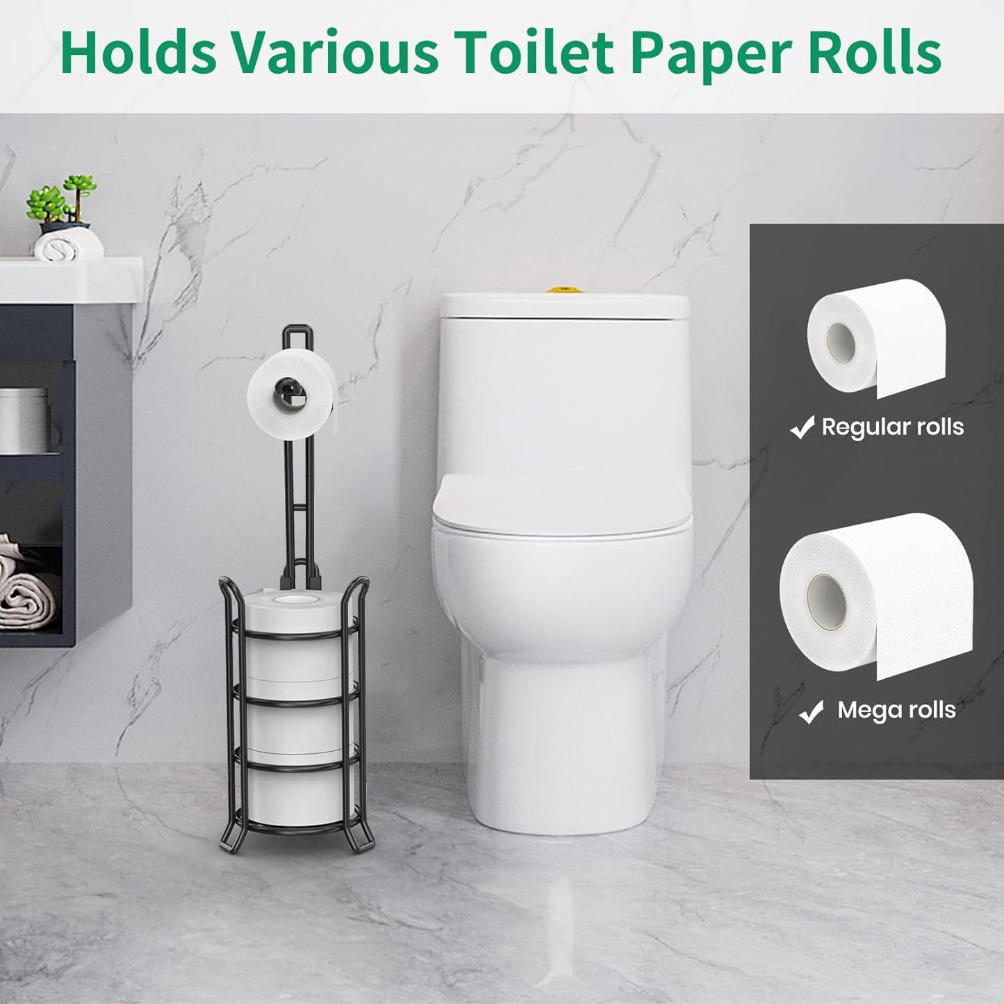 TomCare Toilet Paper Holder Toilet Paper Stand and Dispenser for 3 Spare Rolls Metal Wire Free-Standing Toilet Tissue Paper Roll Storage Shelf Bathroom Accessories Storage Organizer Black