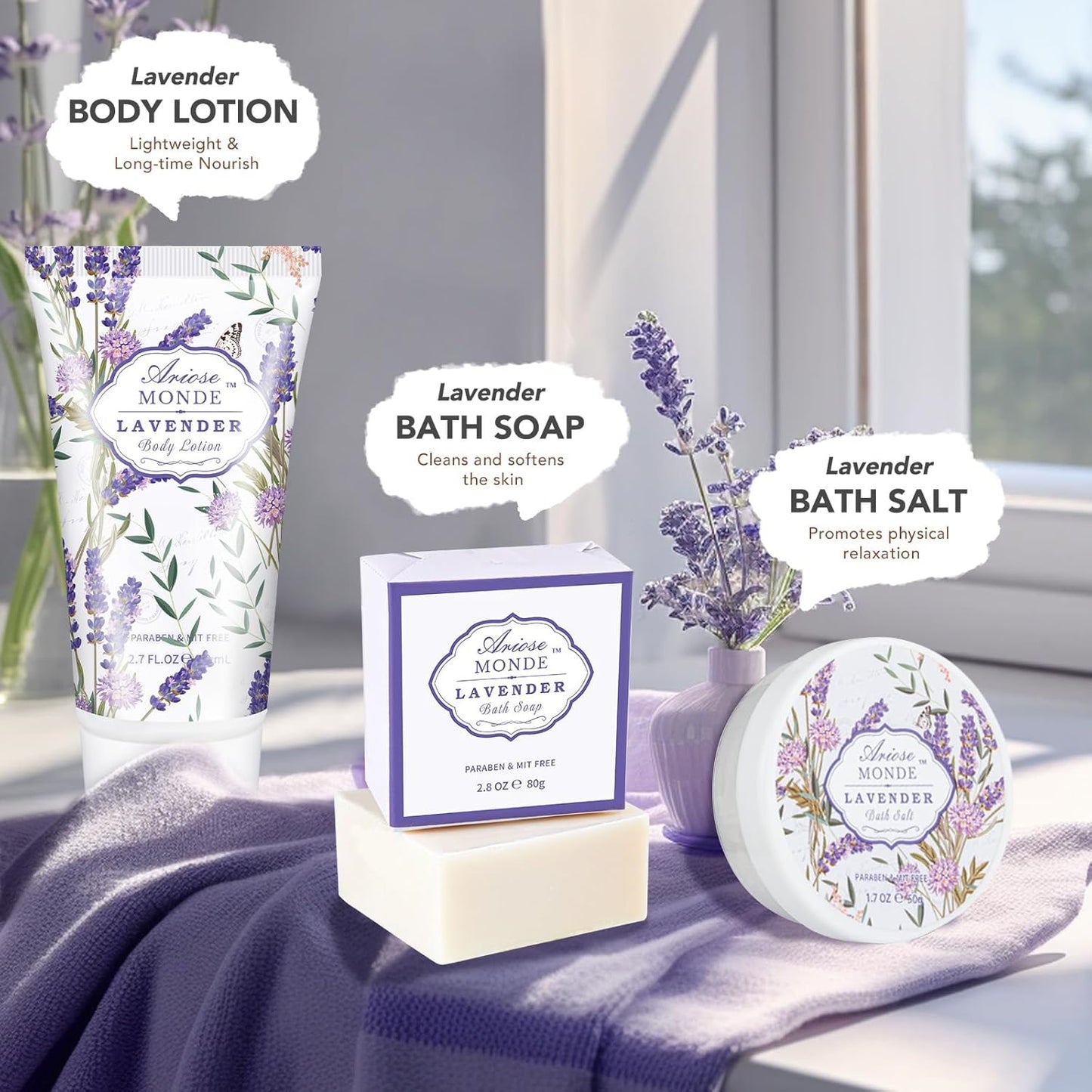 Lavender & Jasmine Scented Spa Gift Set for Women, Includes Body Lotion, Shower Gel, Salts, Bubble Bath, Body Mist, Soap, Bath Bombs