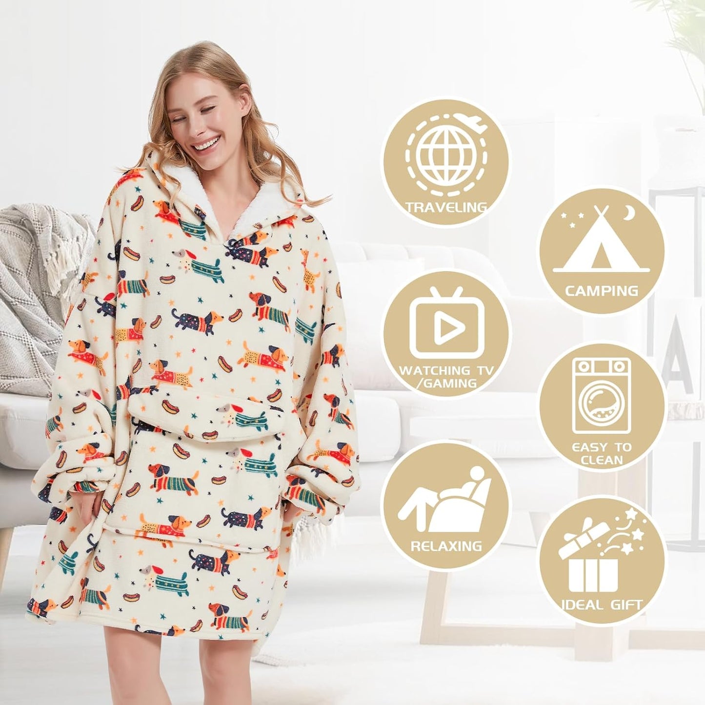 Wearable Blanket Hoodie for Adult,Oversized Sherpa Fleece Blanket Hoodie for Women Men,Dachshund