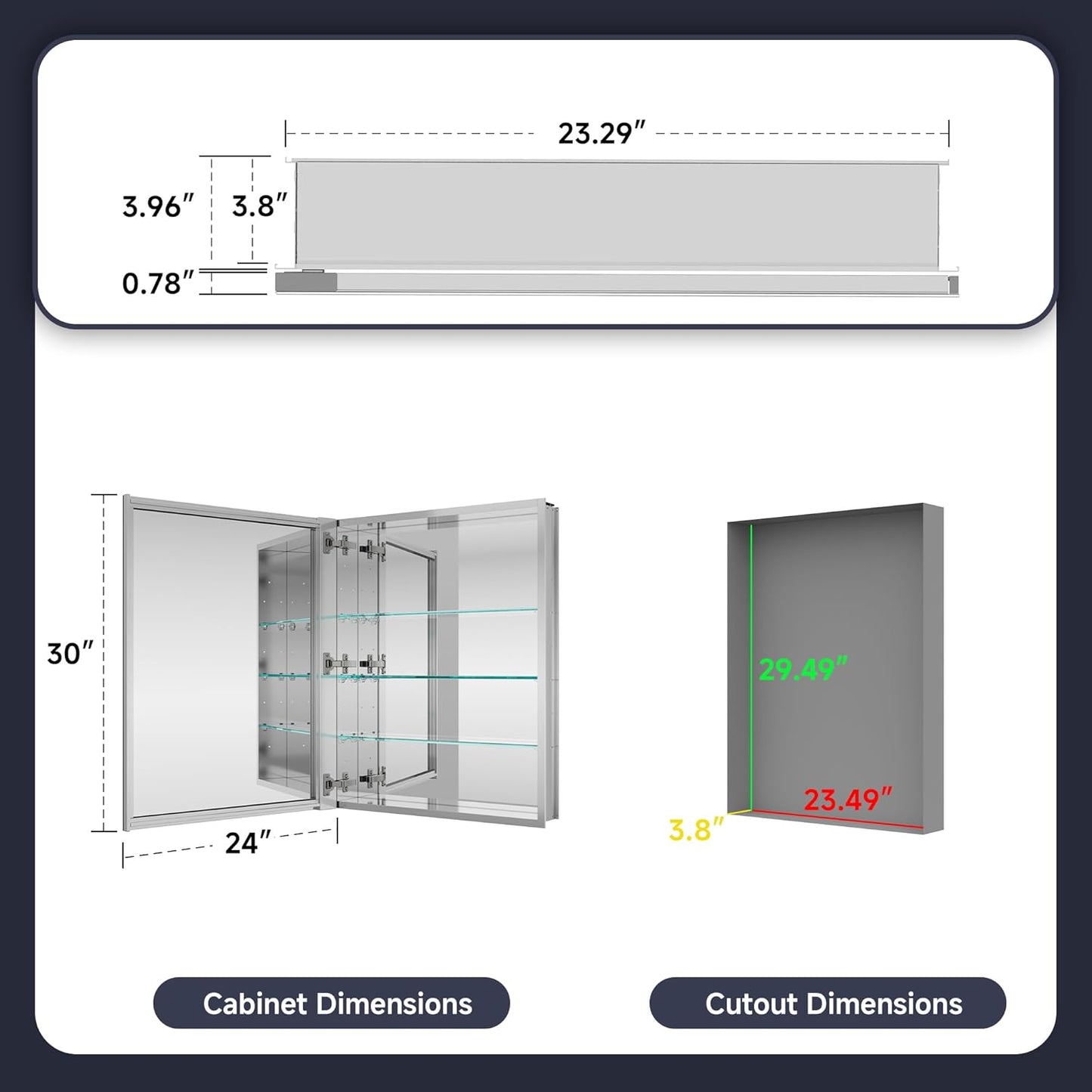 Medicine Cabinet 24" x 30", Bathroom Medicine Cabinet with Mirror, Recessed Medicine Cabinets with Adjustable Shelves, Soft-Closing Door, and Aluminum Alloy Frame - Reverse Installation, Silver