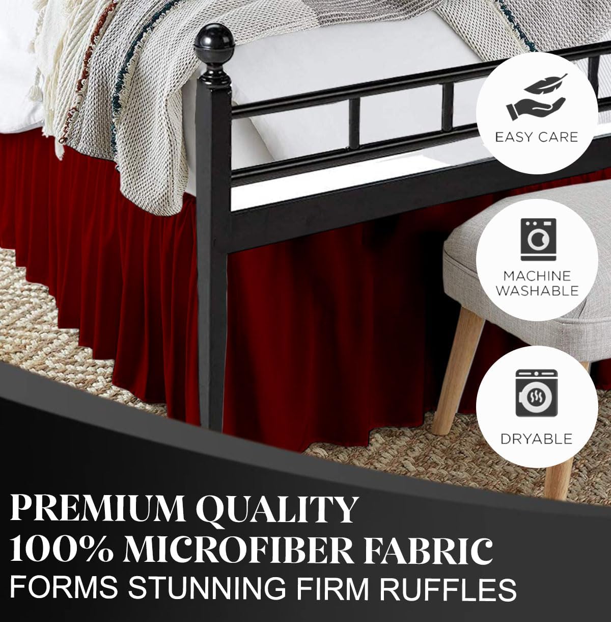 Ruffled Bed Skirt with Split Corners, Burgundy, Full 14 Inch Drop Bedskirt, Hotel Quality Brushed Microfiber Wrinkle Free Dust Ruffle Bed Skirt Full Size