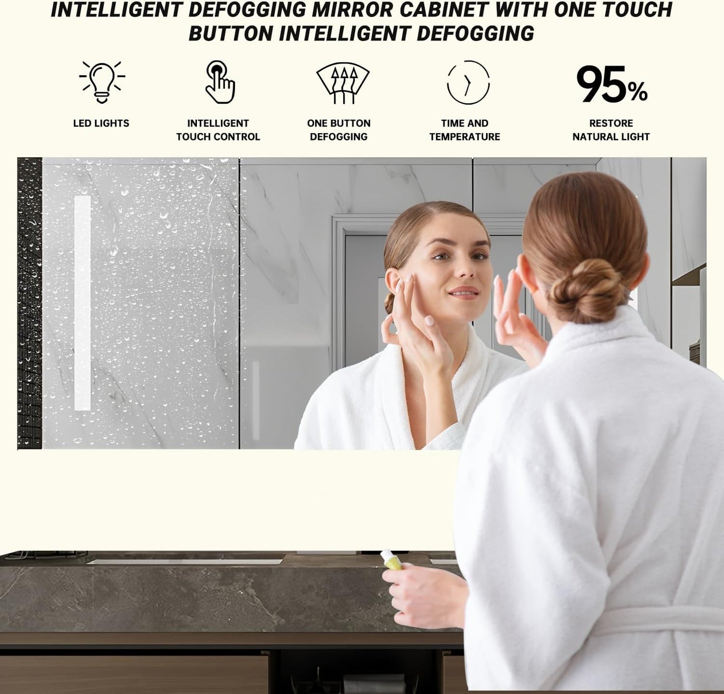 76IN Double Sink Bathroom Vanity, Floating Modern Bathroom Vanity Include Smart Defog Mirror Cabinet with LED Light, Solid Wood Vanities with Integrated Sink and Drawers Storage