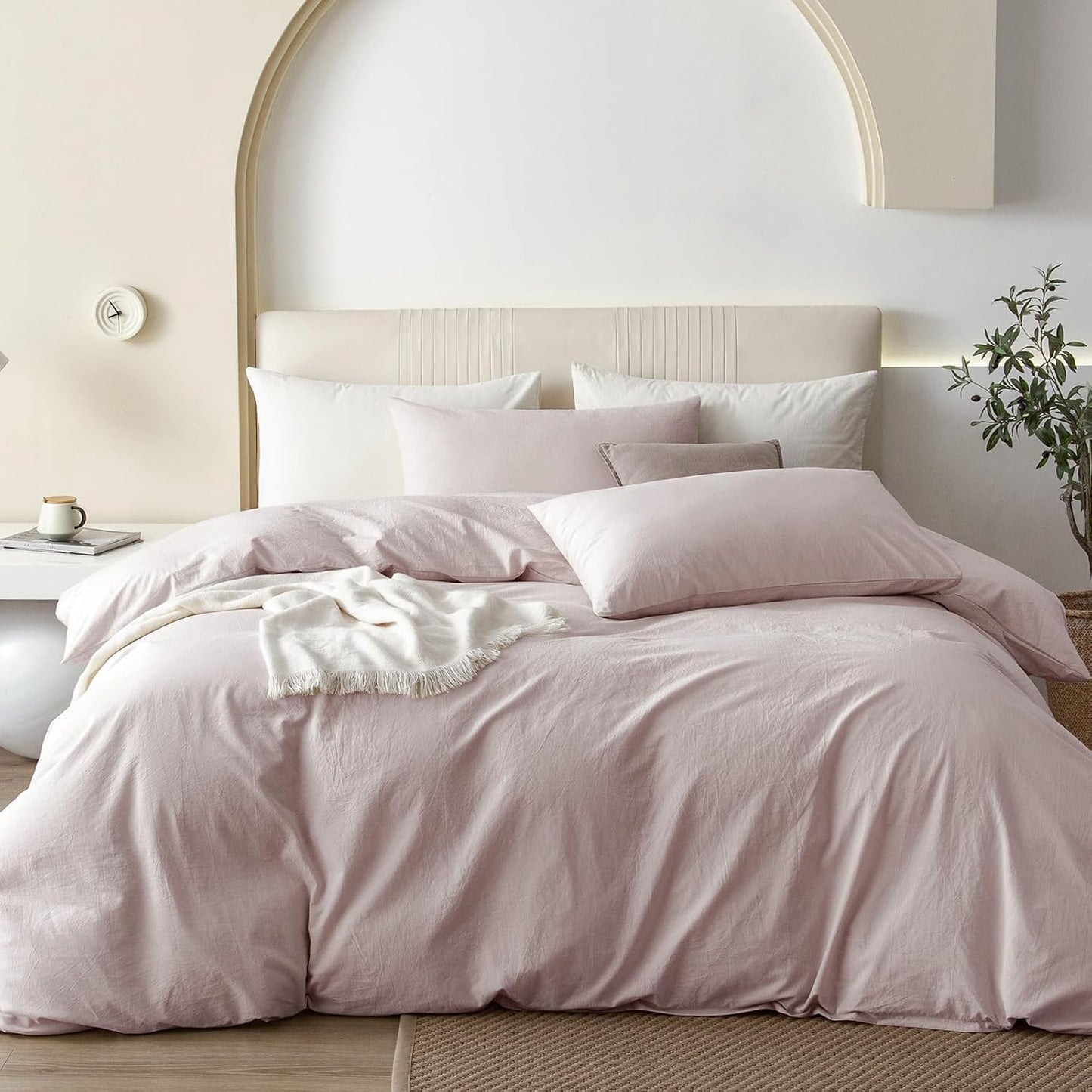 JIYUAN 100% Washed Cotton Duvet Cover Set 3 Pieces Full, 1 Duvet Cover 80x90 Inches (Comforter Not Included) and 2 Pillowcases,Linen Feel Bedding Set Comfy and Breathable, Heathered Greyish Pink
