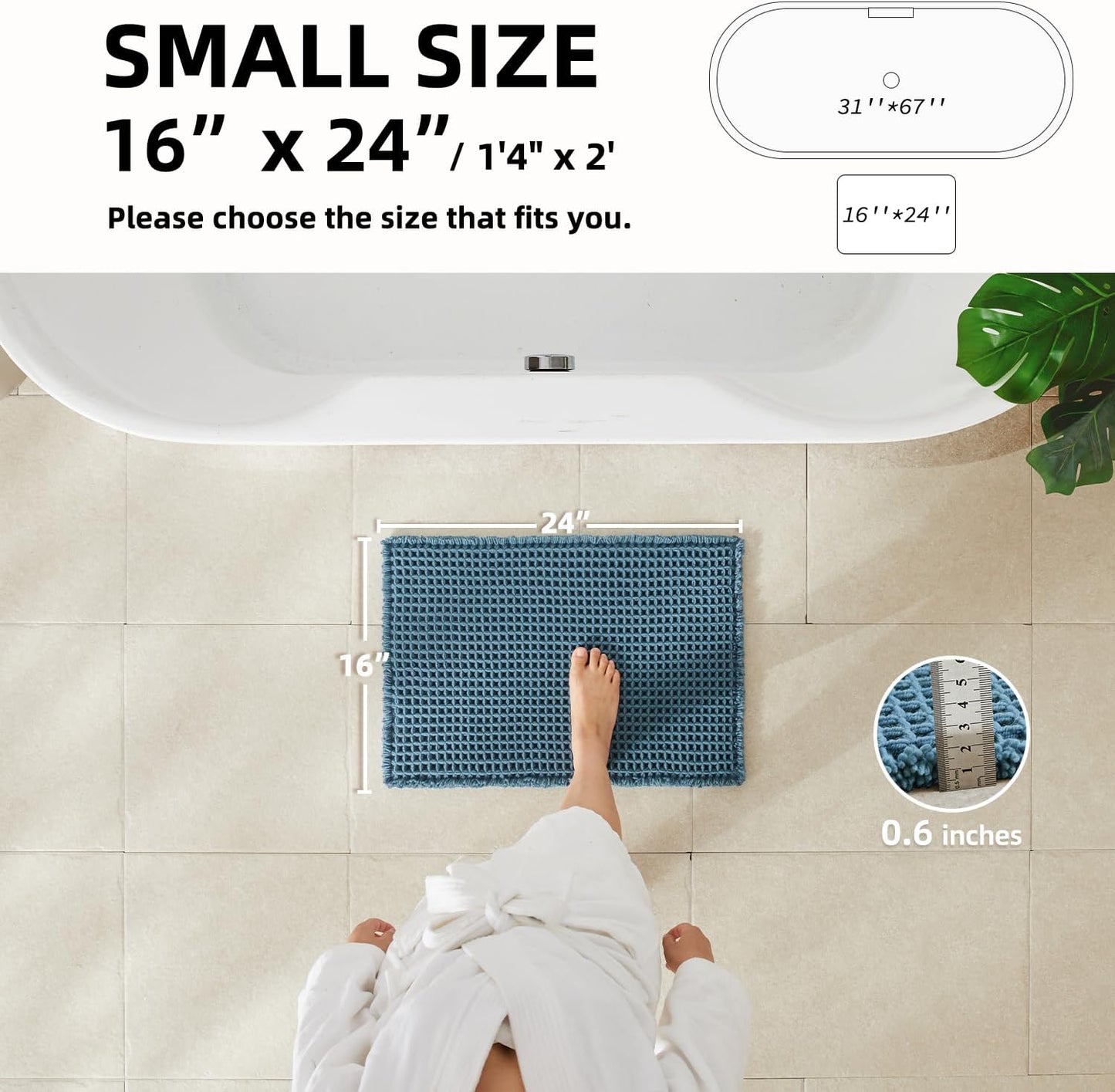 Waffle Bath Mat, Boho Bathroom Rugs Non Slip Washable Super Absorbent Quick Dry Bath Mat Farmhouse Bathroom Decor, 24"x16" Denim Blue