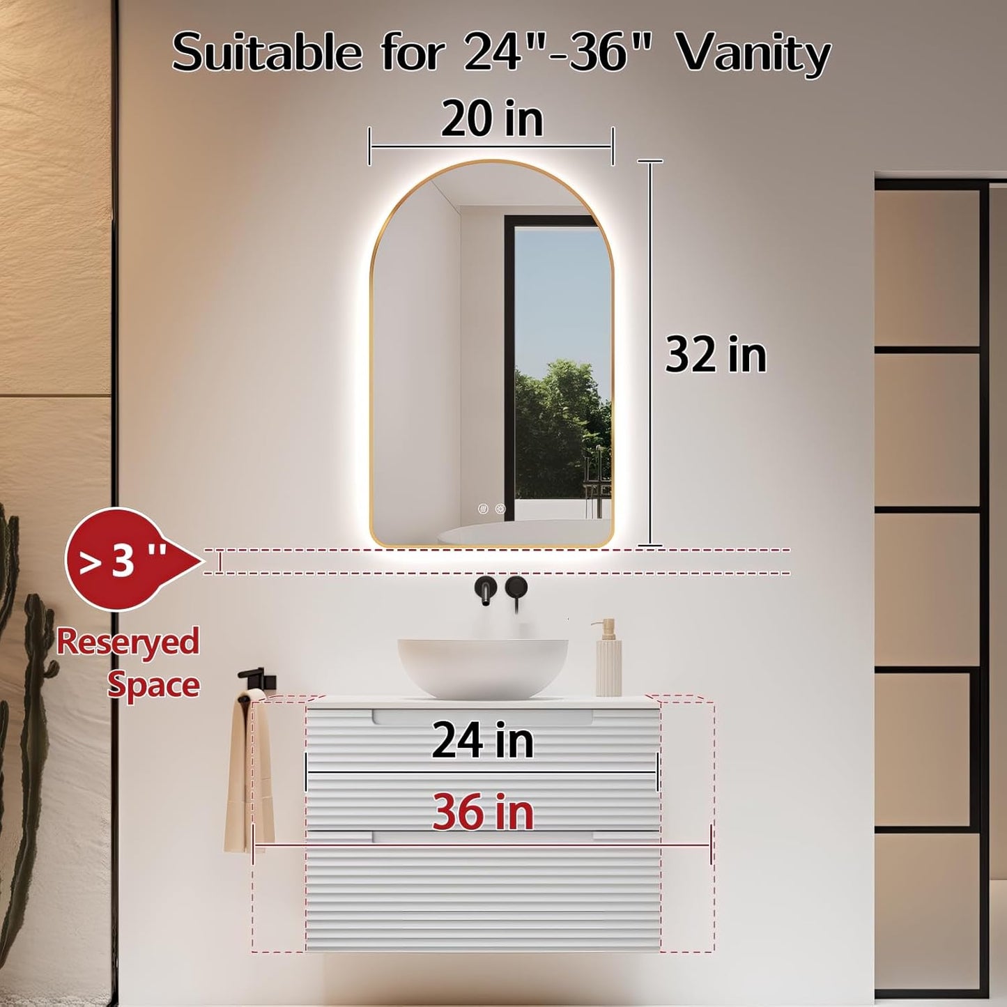 Niccy Arched LED Lighted Bathroom Mirror, 32x20 Inch Backlit Vanity Mirror with Lights Brushed Gold Framed Wall Mounted Mirrors with Dimmable 3 Color Shatterproof Arch Smart Fog Free Mirror