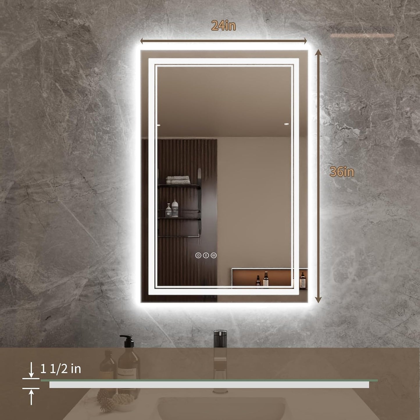 Bathroom Mirror with Lights 24"X36" with Front Light and Backlit, Tempered Glass, Wall Mount Horizontal/Vertical, Stepless Dimmable, 3 Colors, Anti Fog, Bathroom Memory LED Mirror