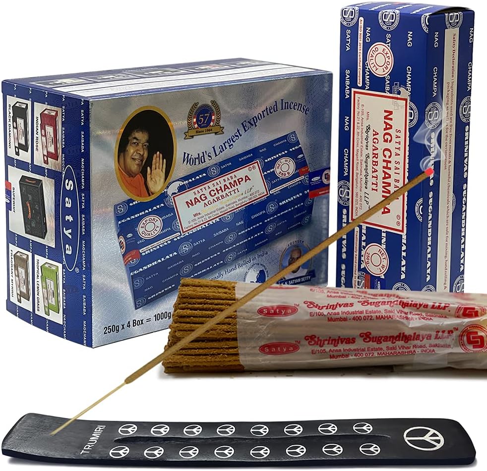Nag Champa Incense Sticks 250g x 4 and Incense Stick Holder Bundle Insence Insense Satya Incense