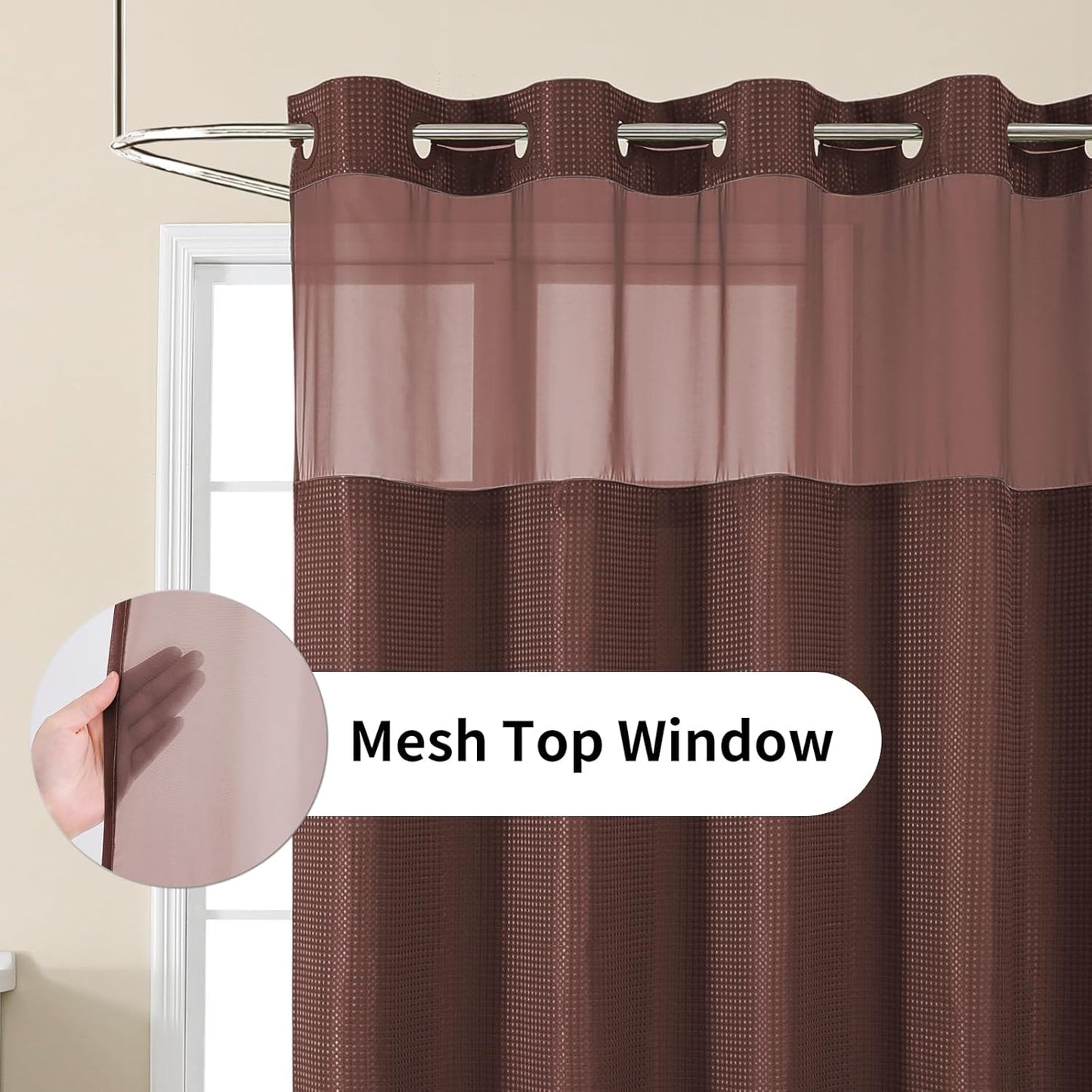 Colorful Star No Hook Shower Curtain with Snap in Fabric Liner, Waffle Weave Heavy Duty Thick Shower Curtains with Mesh Top Window, Hotel Style Waterproof Bathroom Curtain Set, 72 x 75 Inch, Brown