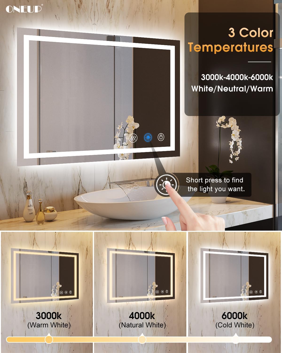 oneup 40''x36'' LED Bathroom Mirror with Lights,Front Lighted Bathroom Mirrors for Wall,Anti-Fog Vanity Mirror,Touch Button and Memory Function,Dimmable 3-Color Lights (Horizontal/Vertical)