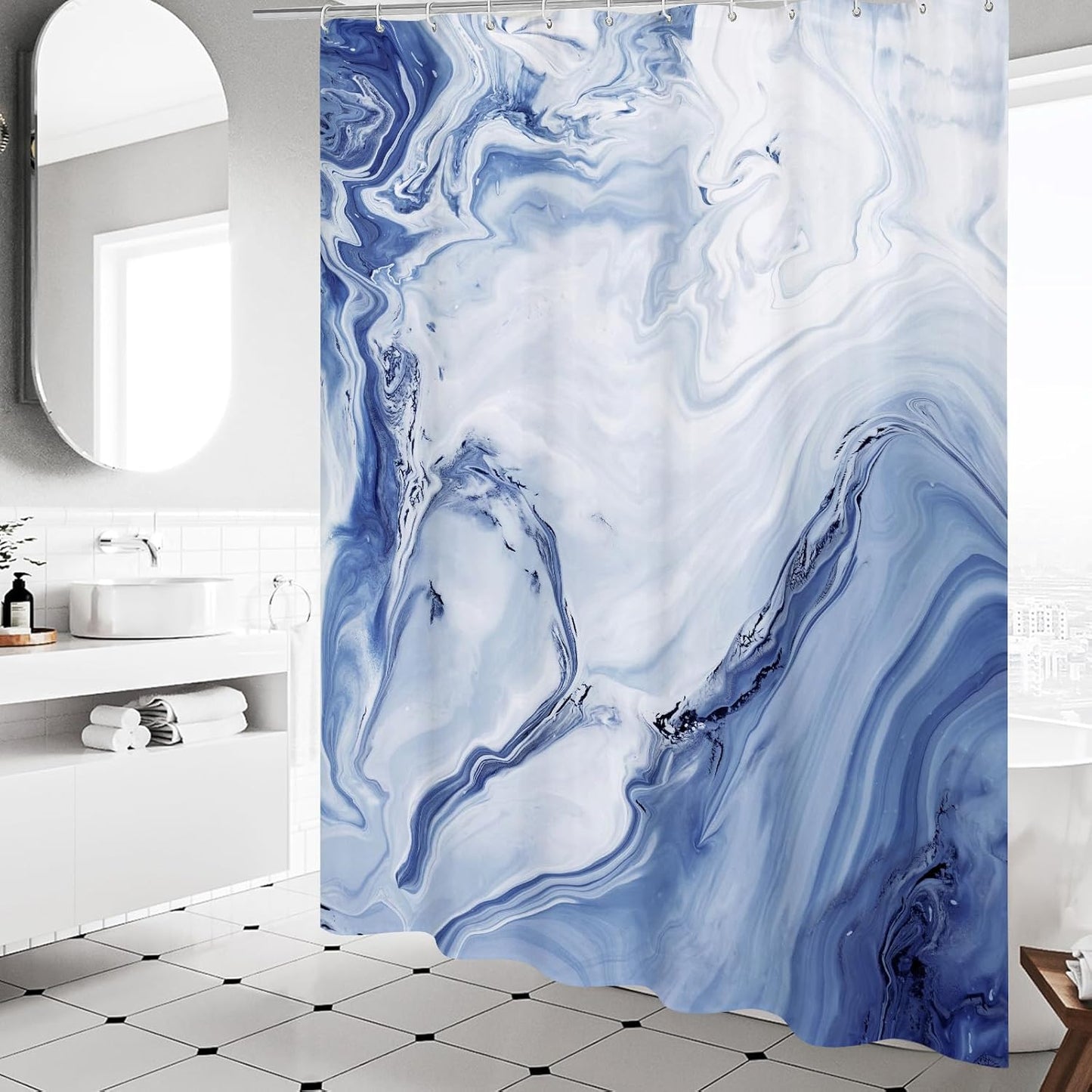 MitoVilla Navy Blue Marble Extra Long Shower Curtain Set 72 x 84, Modern Ombre 84 inch XL Shower Curtains for Chic Bathroom Decor, Abstract Watercolor Fabric Shower Curtain