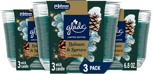 Glade 3-Wick Scented Candle Jar, Balsam & Spruce, Air Freshener Infused with Essential Oils, 6.8 Oz, 3 Count