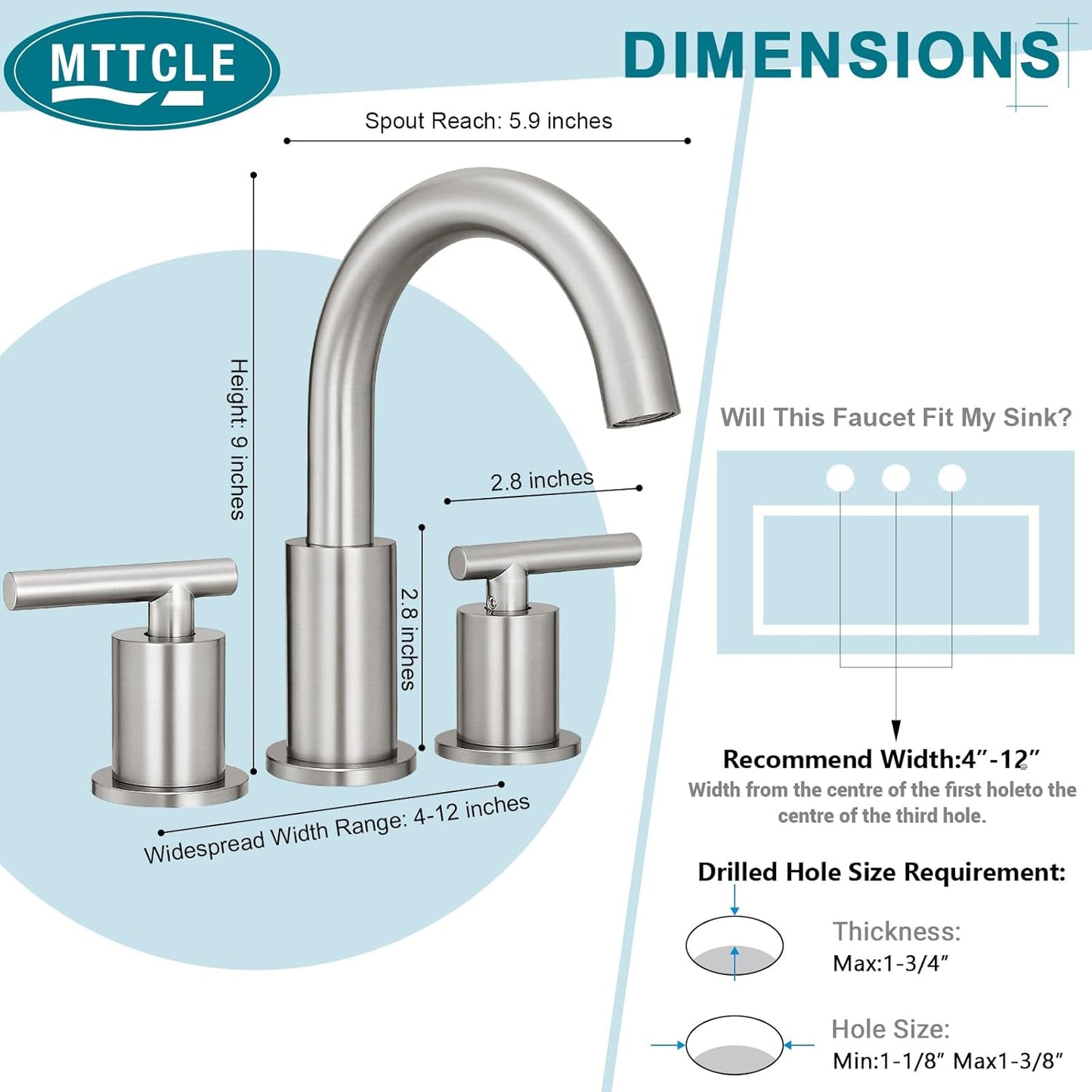 8 Inch Widespread Bathroom Faucet 3 Hole with Pop-up Drain, 2 Handle Bathroom Sink Faucet, Modern Vanity Faucet for Bathroom Sink with 360° Swivel Spout（Brushed Nickel）