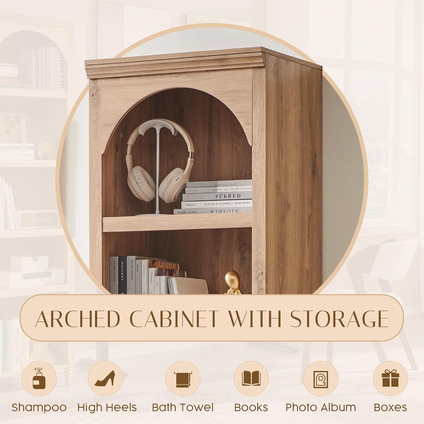 76" Tall Arched Bathroom Storage Cabinet, 5 Tiers Narrow Farmhouse Arched Cabinet w/Adjustable Shelves, Modern Wooden Storage Cabinet for Bathroom, Living Room, Entryway, Study Room (Natural)
