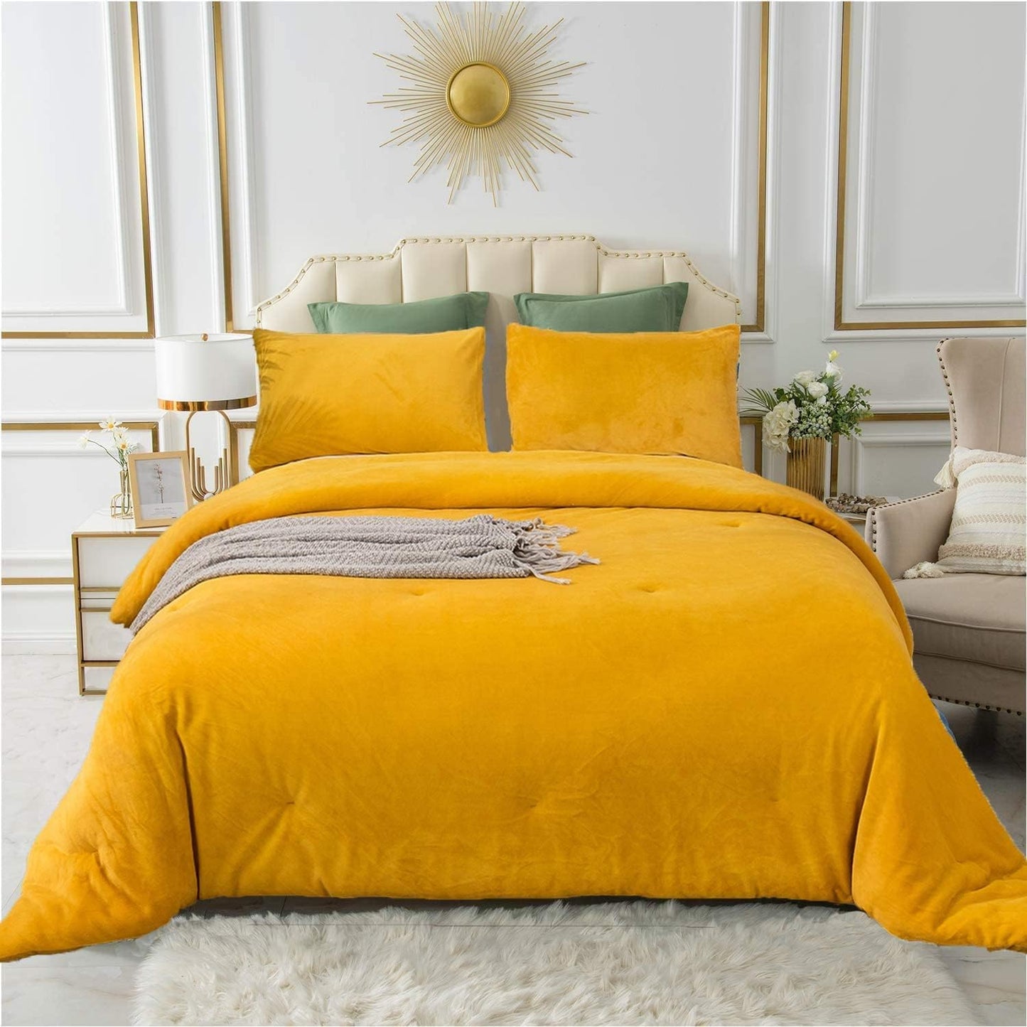 Cottonight Yellow Velvet Comforter Set Full Women Men Mustard Yellow Flannel Plush Fluffy Bedding Comforter Set Full Warm Heavyweight Winter Shearp Micromink Quilts Comforter Soft Comfy