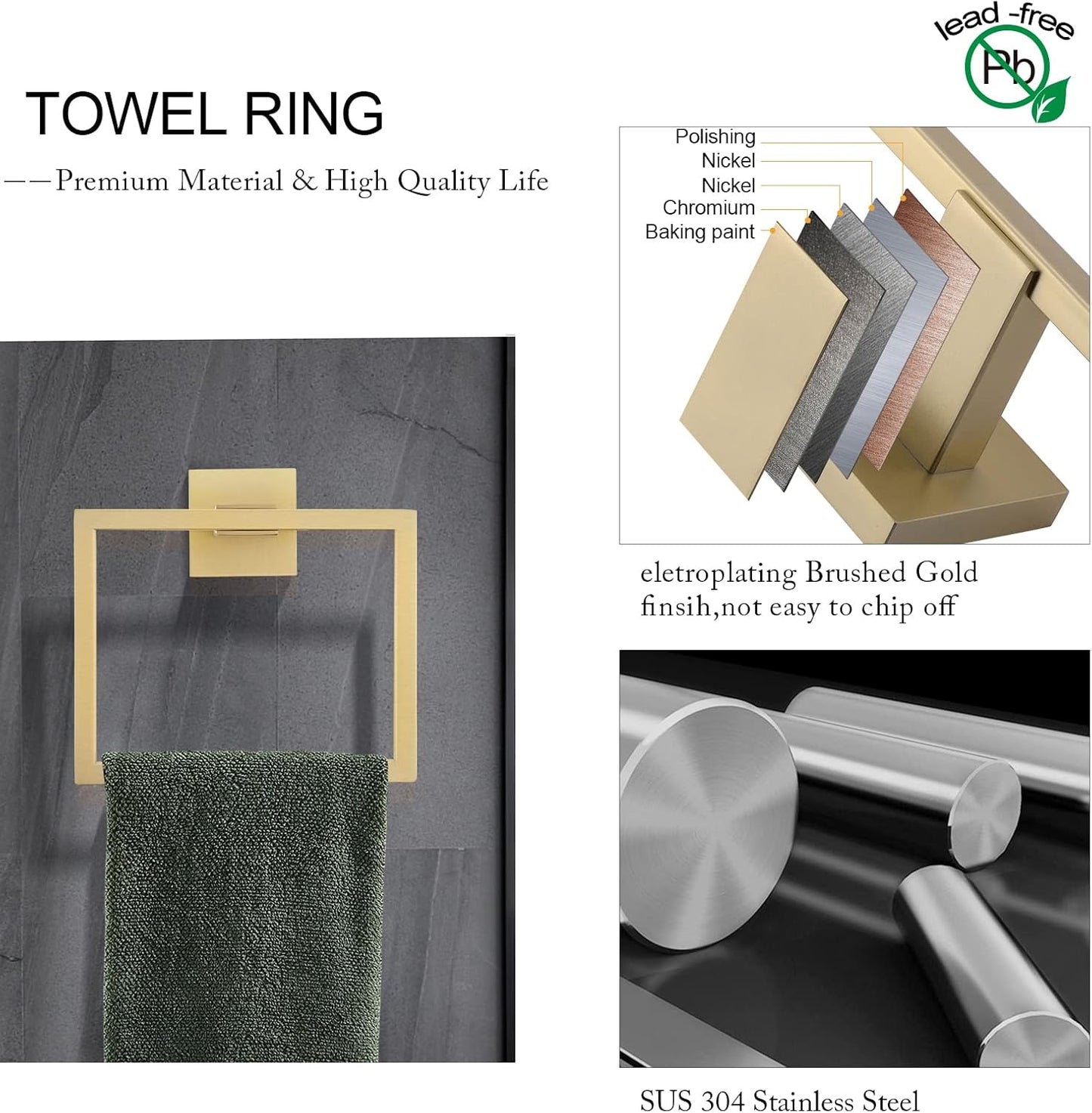 TNOMS 5-Piece Bathroom Hardware Set 23.6 Inch Gold Towel Bar Set Towel Bar Towel Ring Coat Hook and Toilet Paper Holder with Shelf Wall Mounted Stainless Steel Bathroom Accessories Set