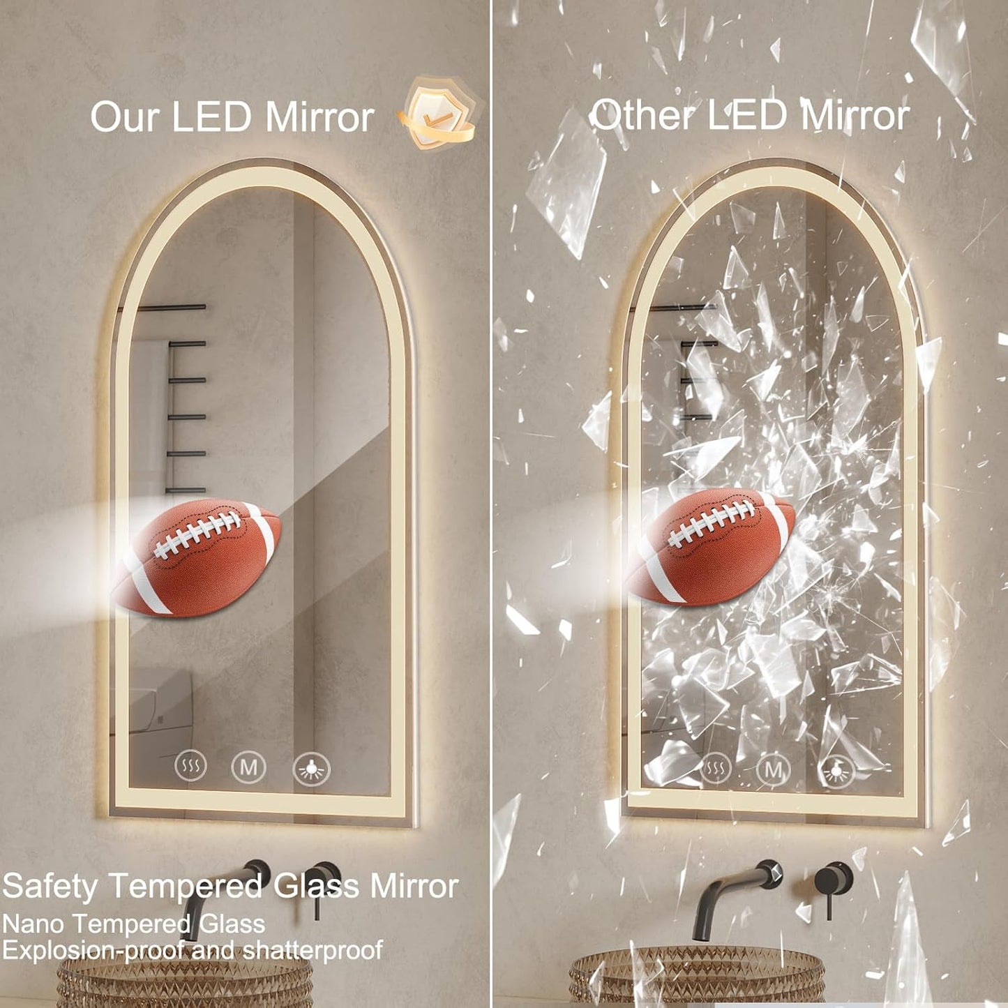 LED Bathroom Mirrors with Lights 24"x48" Arched Mirror for Wall,Led Vanity Mirror, Anti-Fog,LED Mirrors with Front Light and Backlit, Anti-Fog, Dimmable, 3 Color, Shatterproof, Touch Sensor