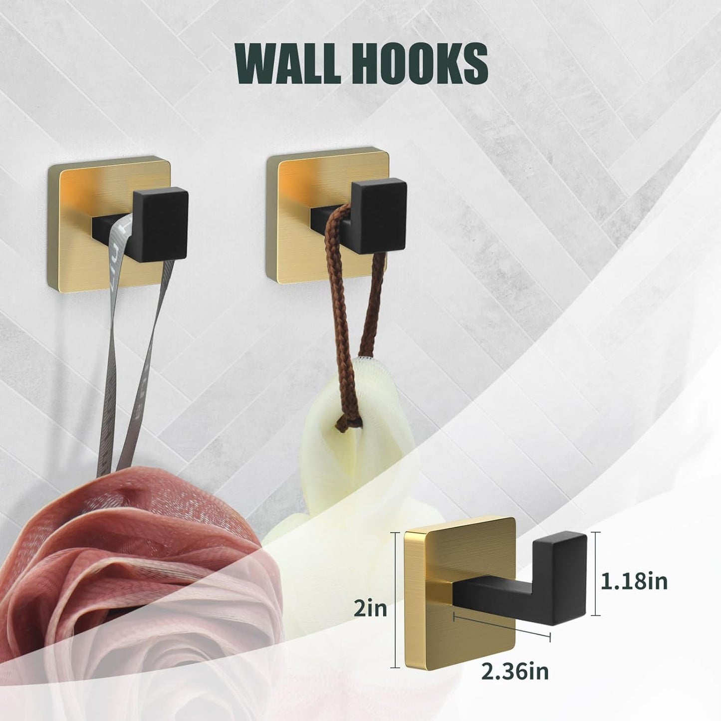 5 Piece Black and Gold Towel Bar Set - Gold and Black Bathroom Accessories with 2 Towel Hook, Stainless Steel Wall Mounted Bathroom Towel Rack Set - Square 16-Inch