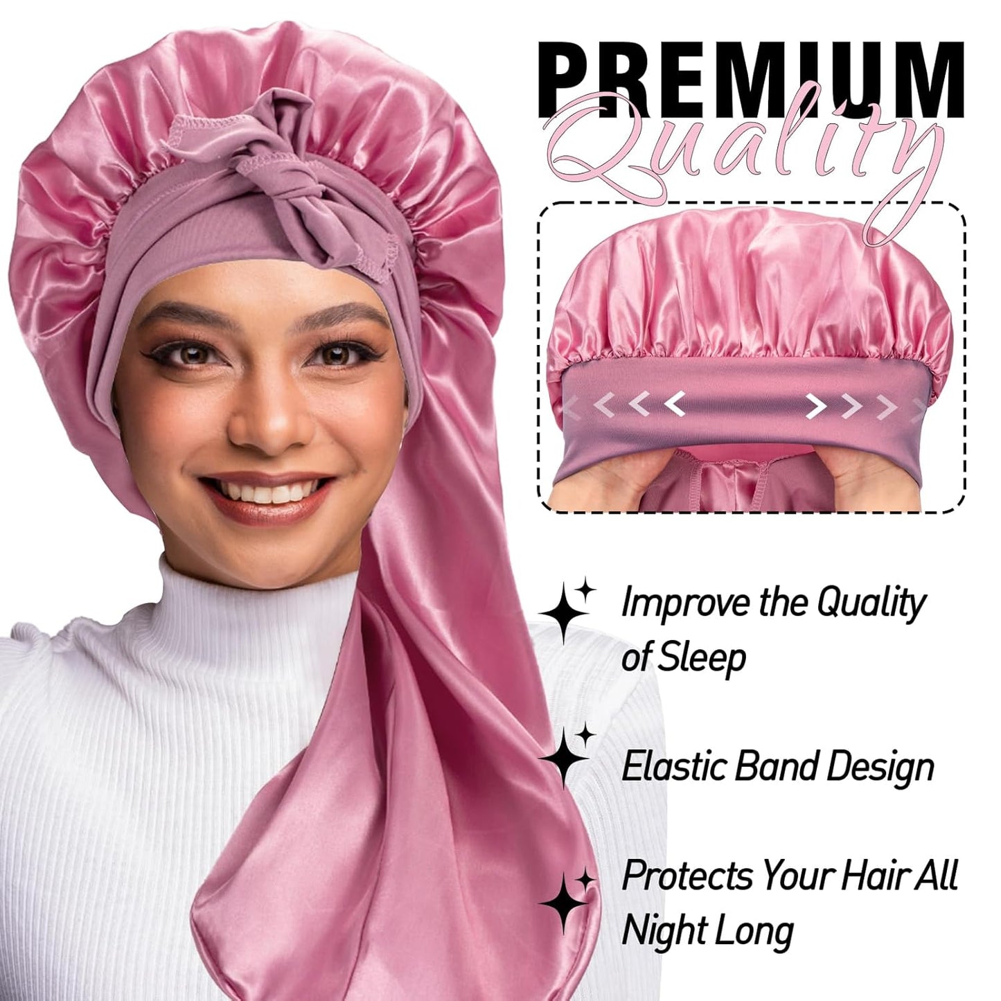 3PCs Bonnets for Black Women - Braid Bonnet, Satin Silk Sleep Bonnet with Stretchy Tie Band for Long Curly Hair (Blue, Rose Pink, Purple)