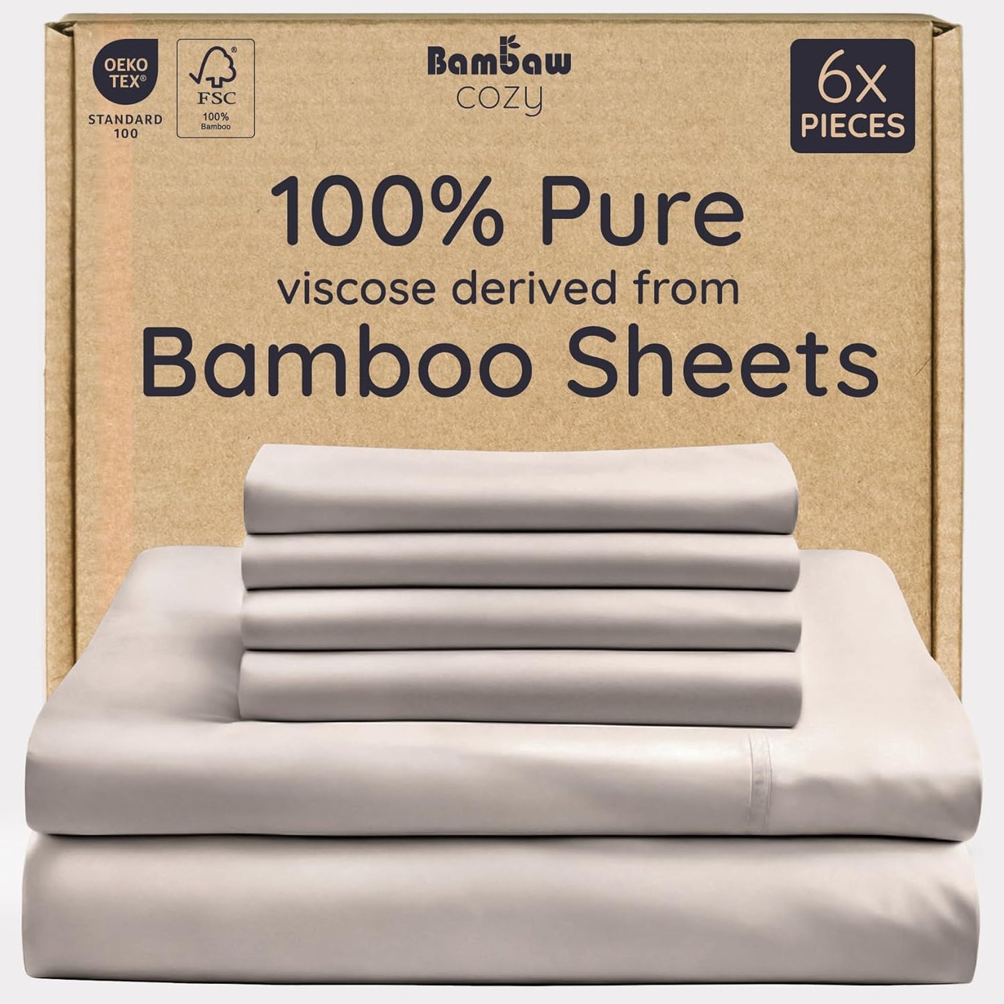 Bambaw 100% Viscose Derived from Bamboo Sheets King Size Set – 6pcs Deep Pocket King Sheets Cooling, Fits Up to 16'' with Elastic Corner Straps, Super Soft Bedding Set (Sand)