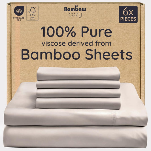 Bambaw 100% Viscose Derived from Bamboo Sheets King Size Set – 6pcs Deep Pocket King Sheets Cooling, Fits Up to 16'' with Elastic Corner Straps, Super Soft Bedding Set (Sand)