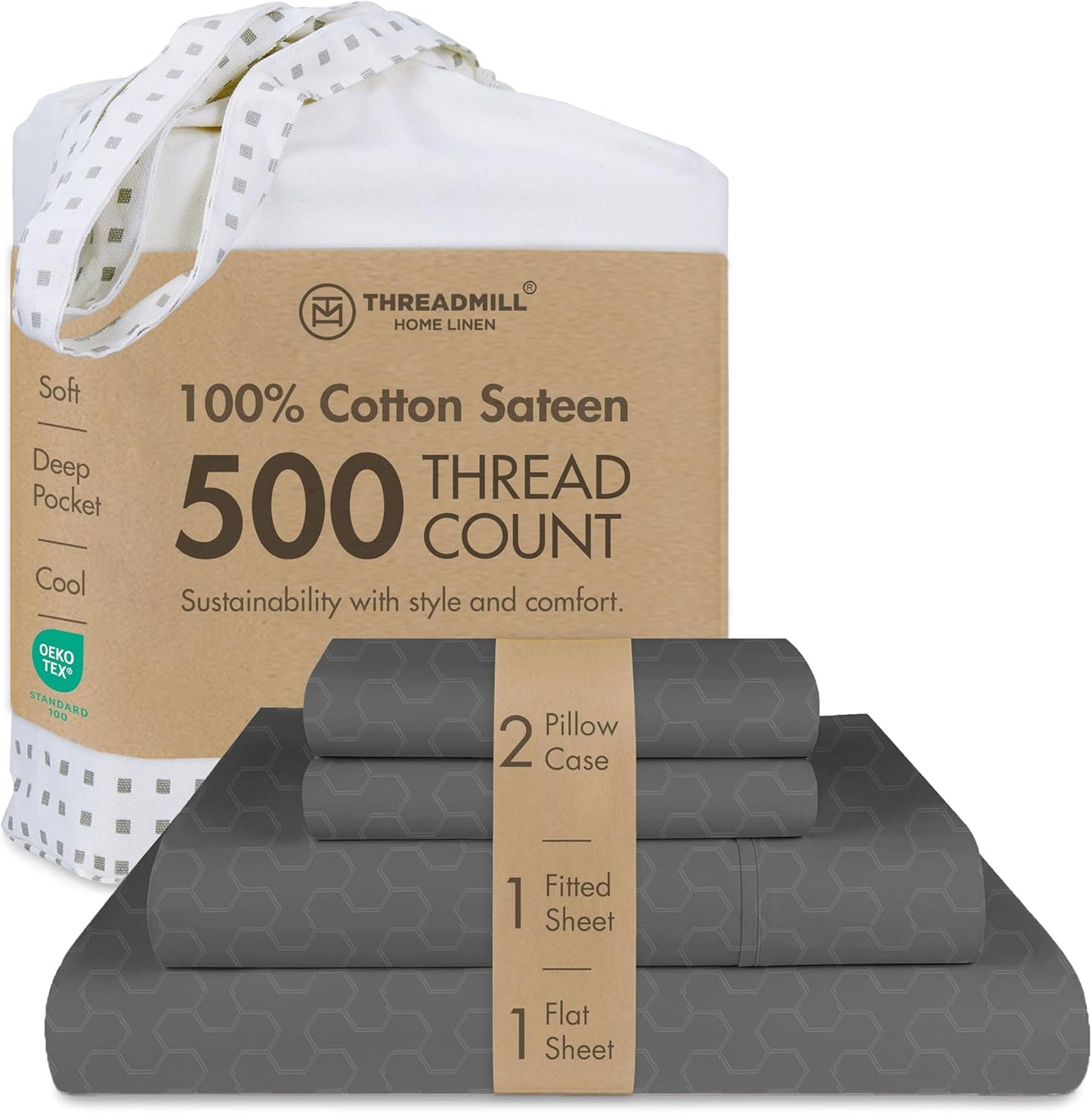 Threadmill 500 Thread Count King Size 4 Pc Luxury Cotton Bed Sheet Set, Jacquard Floria Dark Grey, Silky Soft Sheets with 16" Elasticized Deep Pocket, 2 Pillowcases & Free Tote Bag