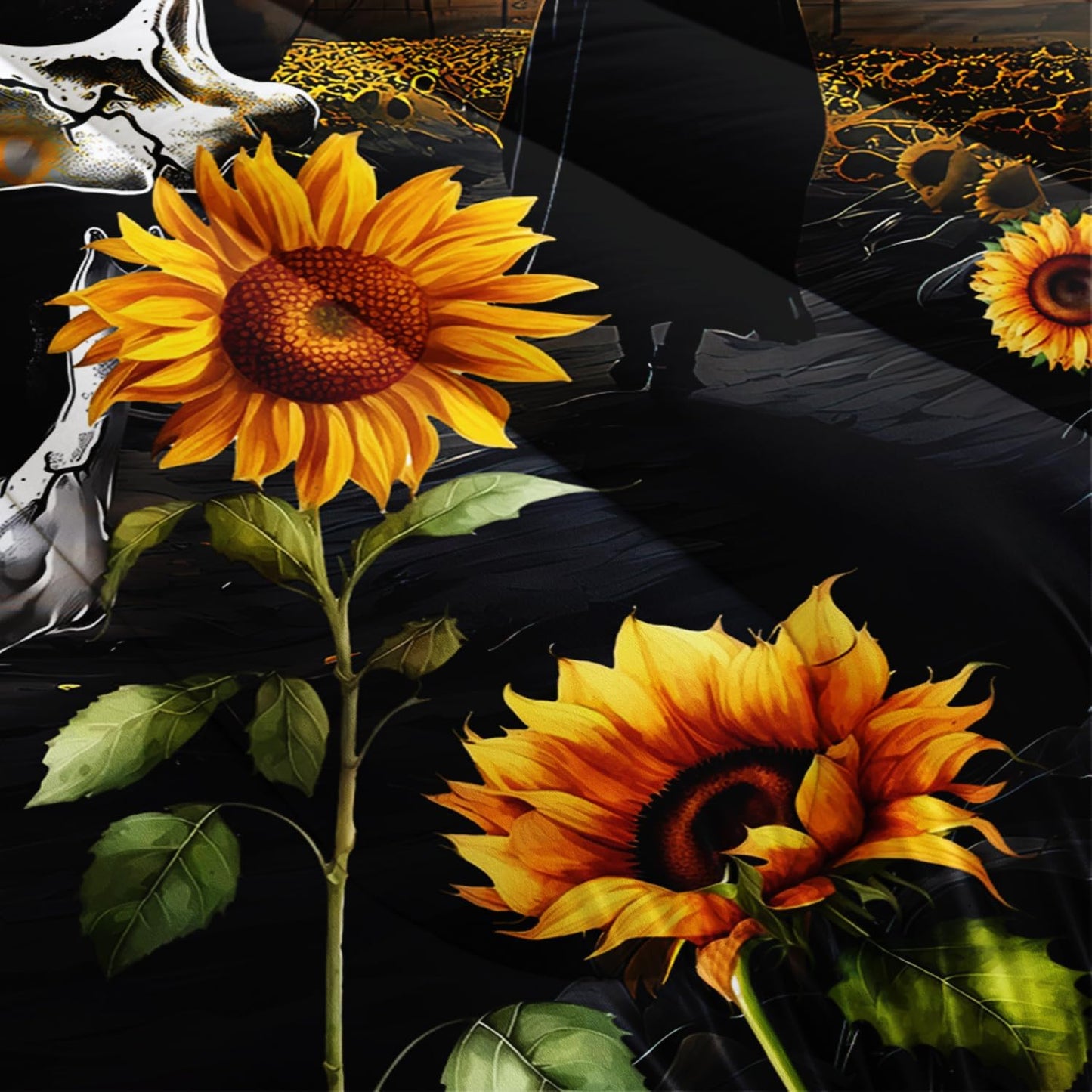 Skull Comforter Set for Gothic Decor Bedroom,Sunflower Floral Bat Print Bedding King Size Comforter Set for Kids Boys Girls,Dark Night Halloween Horror Bedding Set with 2 Pillowcases.