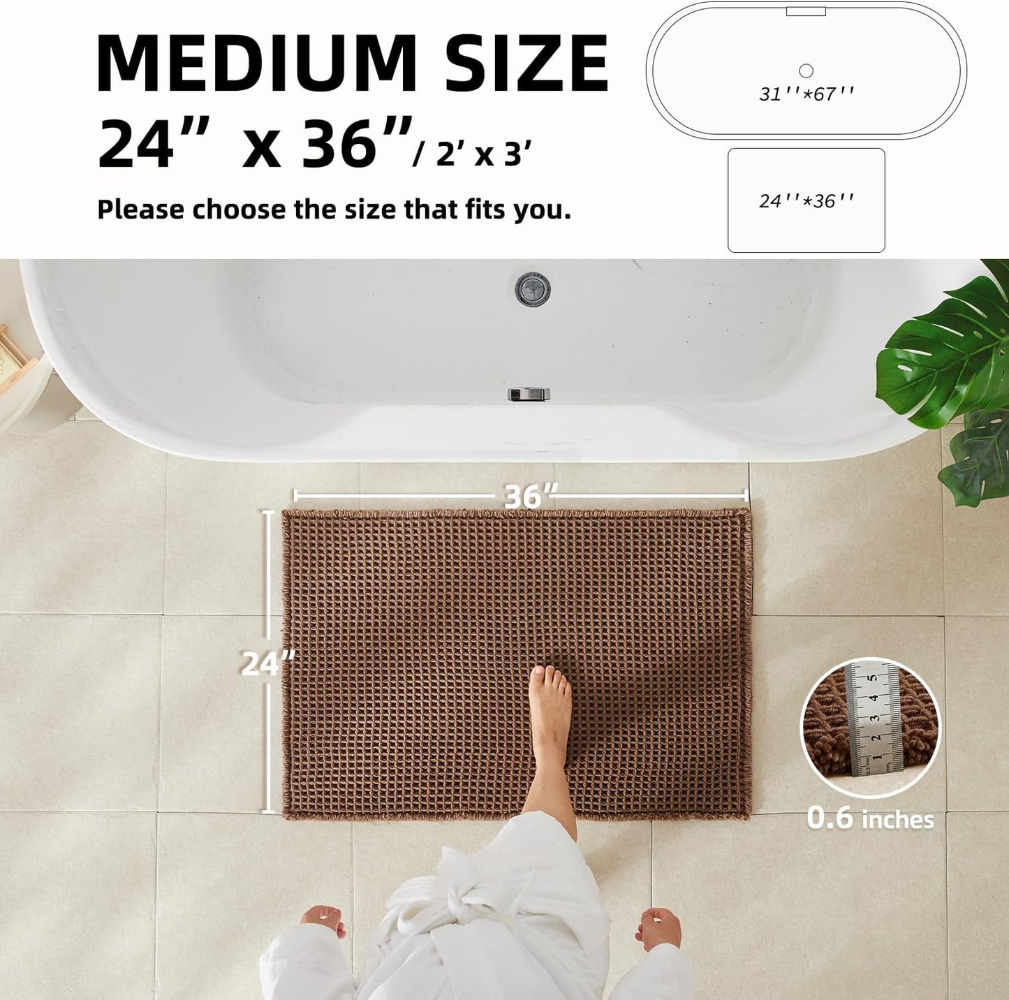 Waffle Bath Mat, Boho Bathroom Rugs Non Slip Washable Super Absorbent Quick Dry Bath Mat Farmhouse Bathroom Decor, 36"x24" Mocha