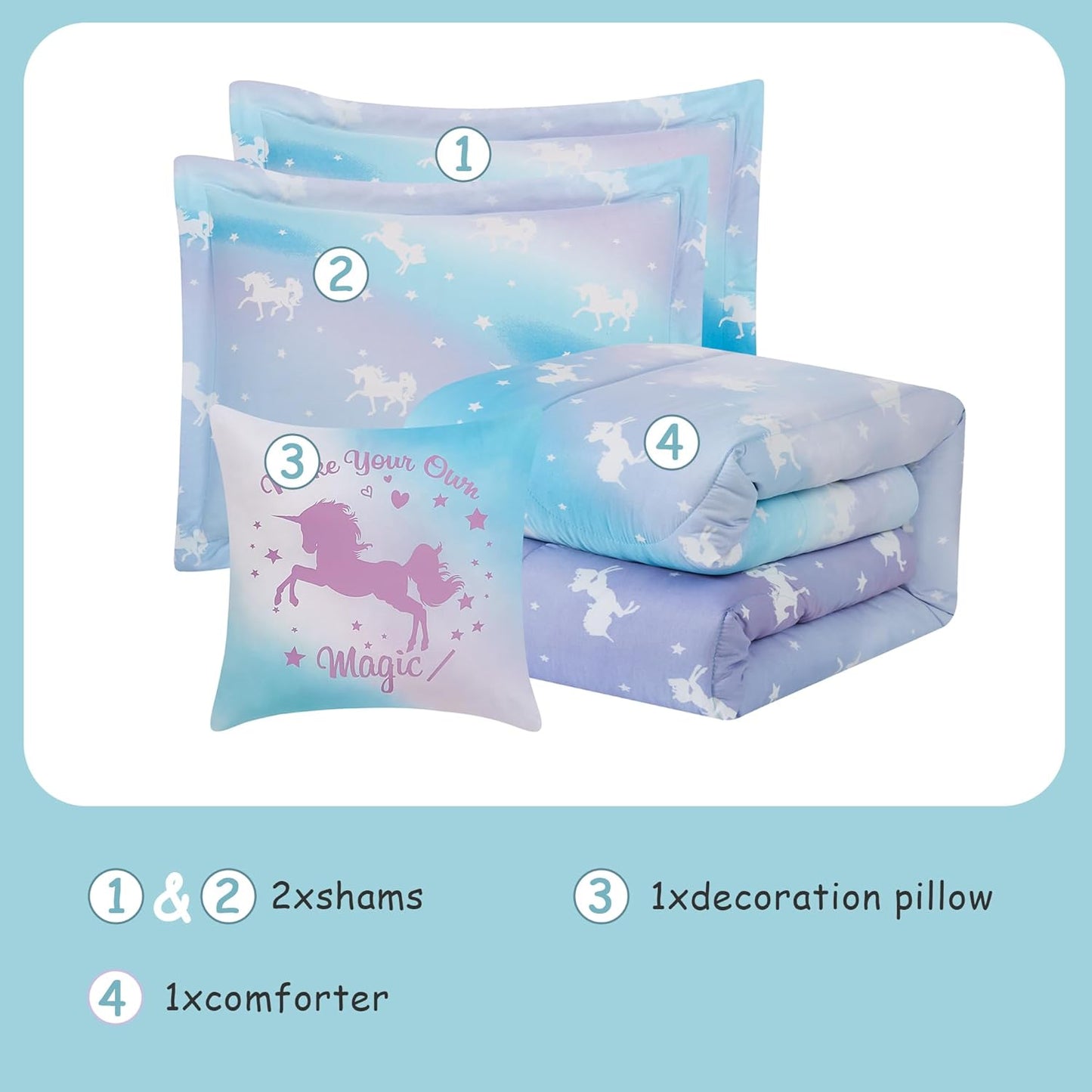 Kids Comforter Set Full Size for Girls, Glow in The Dark Unicorn Bedding Set 1 Comforter, 1 Decor Pillow, 2 Pillow Shams