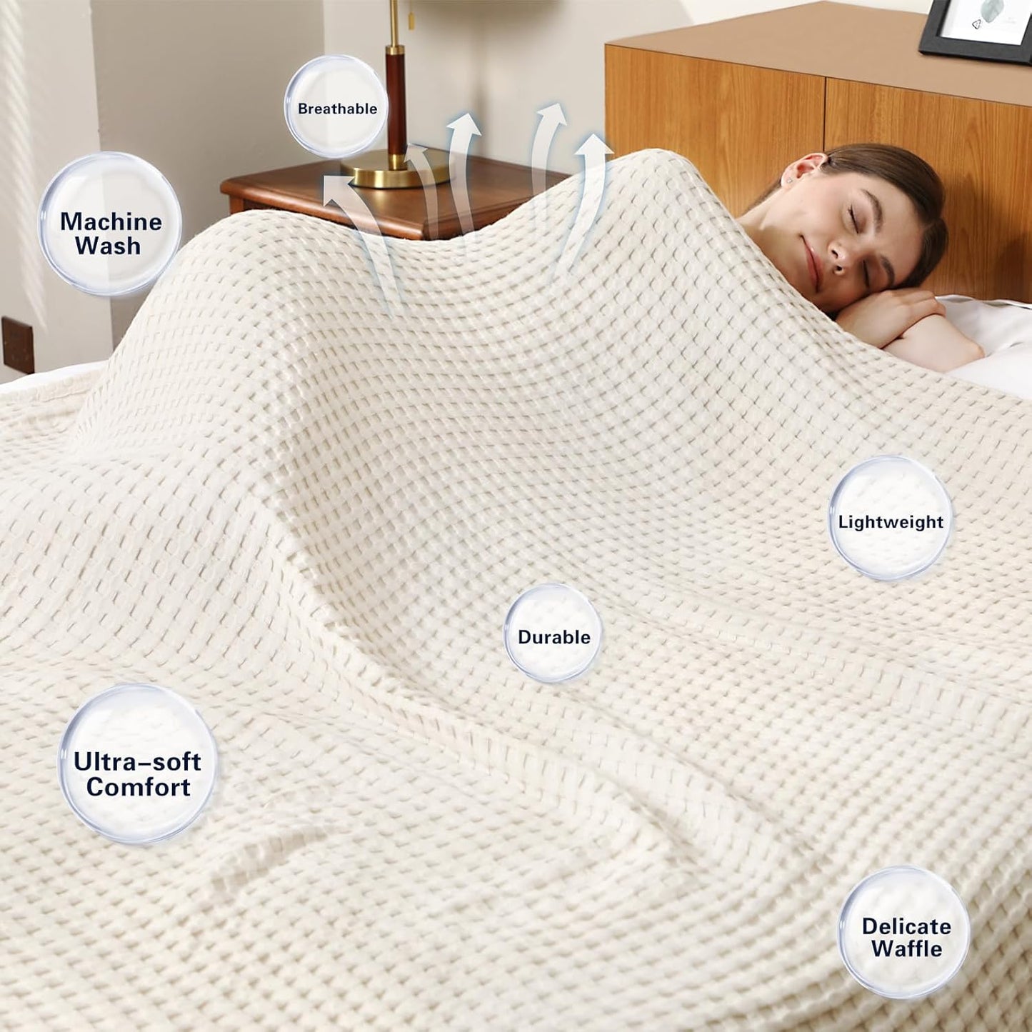 Aganear Waffle Blanket - Lightweight Breathable Summer Blanket of 50% Cotton and 50% Rayon Derived from Bamboo for Hot Sleepers Luxury Throws for Bed, Couch and Sofa,Beige,66x90 Inches