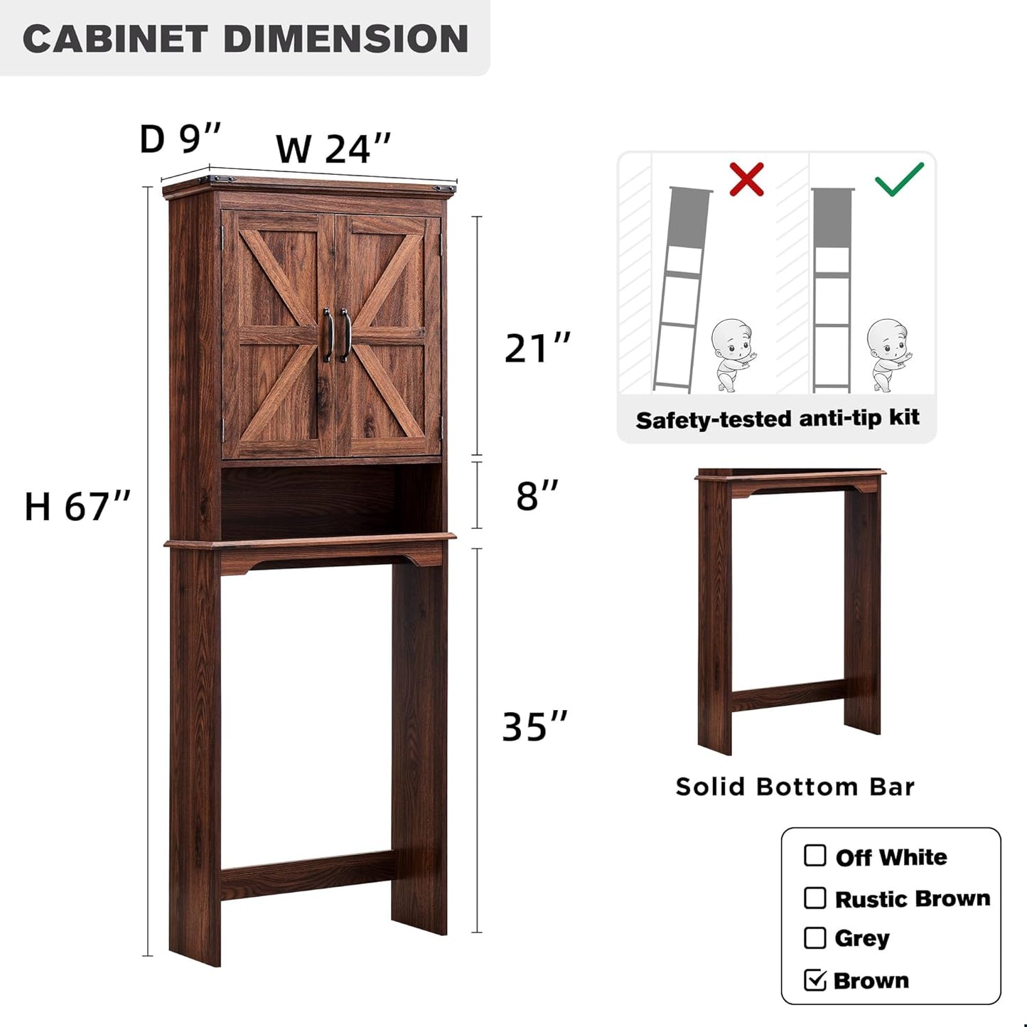 ACCOHOHO Over The Toilet Storage Cabinet, Farmhouse Bathroom Cabinet with Adjustable Shelf & Barn Door, 67" Tall Over The Toilet Shelf, Brown
