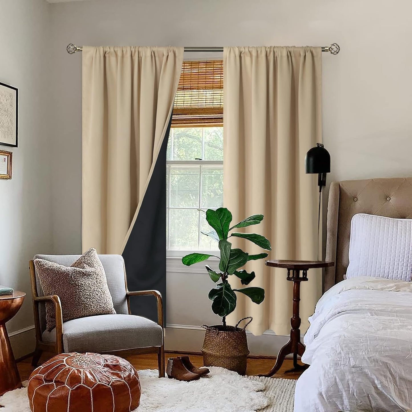BGment Thermal Insulated 100% Blackout Curtains for Bedroom with Black Liner, Double Layer Full Room Darkening Noise Reducing Rod Pocket Curtain (52 x 84 Inch, Beige, 2 Panels)