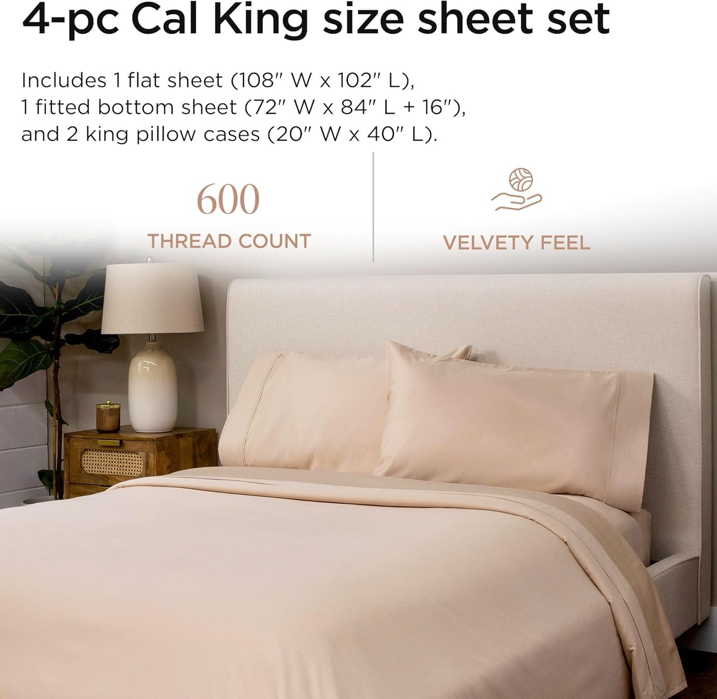 Threadmill 100% Cotton Sheets for Cal King Size Bed - 600 Thread Count Cal King Bed Sheets Set with 16” Deep Pocket - Sateen Weave 4-Piece Bedding Set with Cooling Effect, Beige