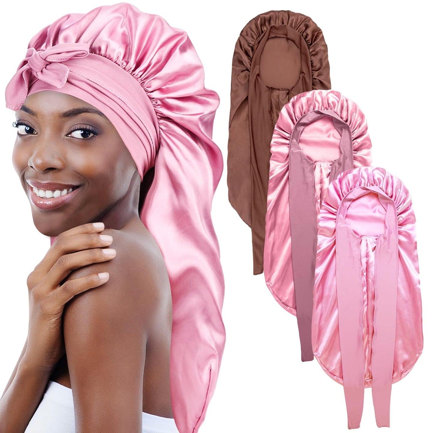 3Pcs Bonnets for Black Women, Large Long Satin Bonnet for Braids With Stretchy Tie Band, Sleep Cap for Long Curly Hair (Brown, Rose Pink, Pink)