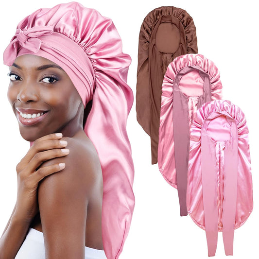 3Pcs Bonnets for Black Women, Large Long Satin Bonnet for Braids With Stretchy Tie Band, Sleep Cap for Long Curly Hair (Brown, Rose Pink, Pink)
