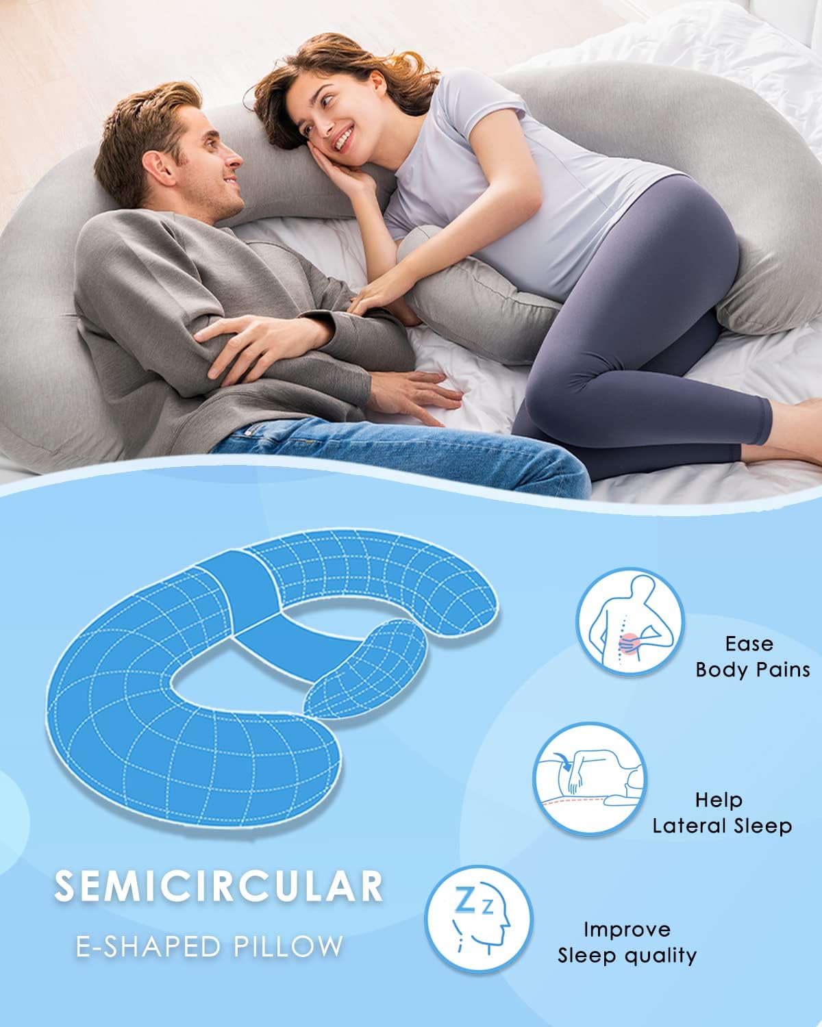 QUEEN ROSE Pregnancy Pillows - E Shaped Pregnancy Pillows for Sleeping, with Pregnancy Wedge Pillows for Belly Support, 60 inch Maternity Body Pillow, Breathable Jersey Cover,Grey