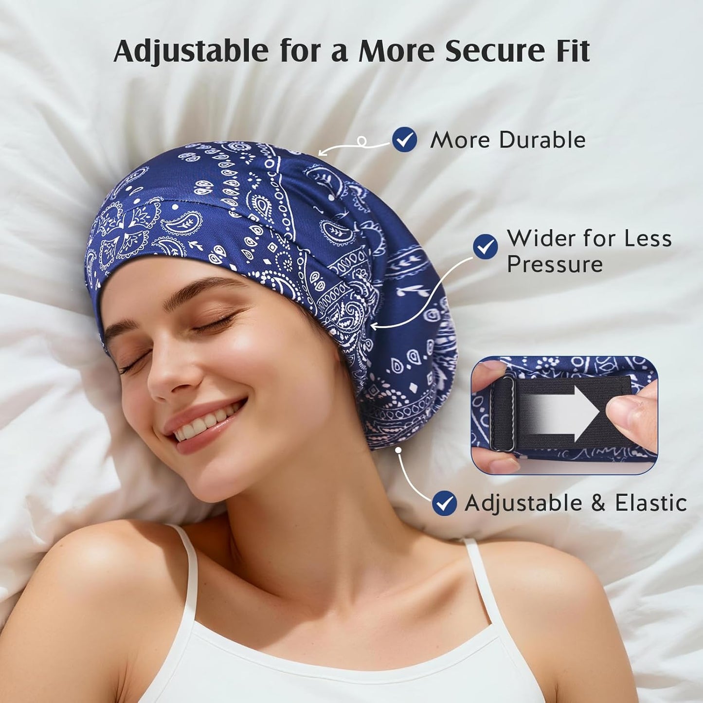 YFONG Print Pure Silk Lined Beanies for Women & Men, 22 MM Mulberry Silk Bonnet for Sleeping, Chemo Headwear, Adjustable Stay on Slouchy Hat Cap for Curly Long Hair & Braids, Blue