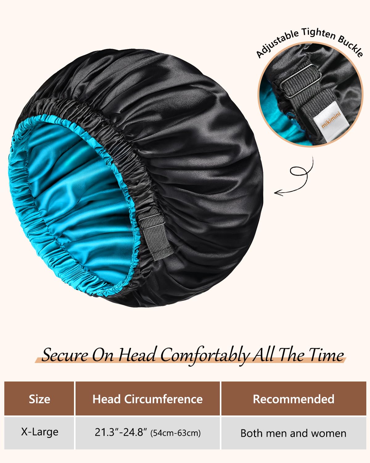 mikimini Satin Bonnet Pack of 2 for Men and Women, Reversible Double Layer Sleeping Silk Bonnet for Curly Hair Braids with Anti-Slip Adjustable Widened Elastic Band Super Large Soft (XL, Black/Blue)