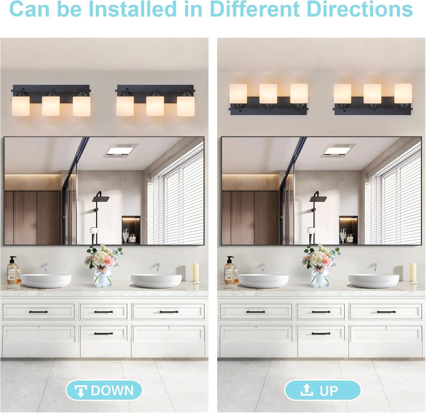 3 Light Modern Bathroom Light Fixtures Over Mirror, Black Vanity Lights for Bathroom Wall Sconces with Milky White Glass Shades, E26 Socket (Bulbs Not Included)