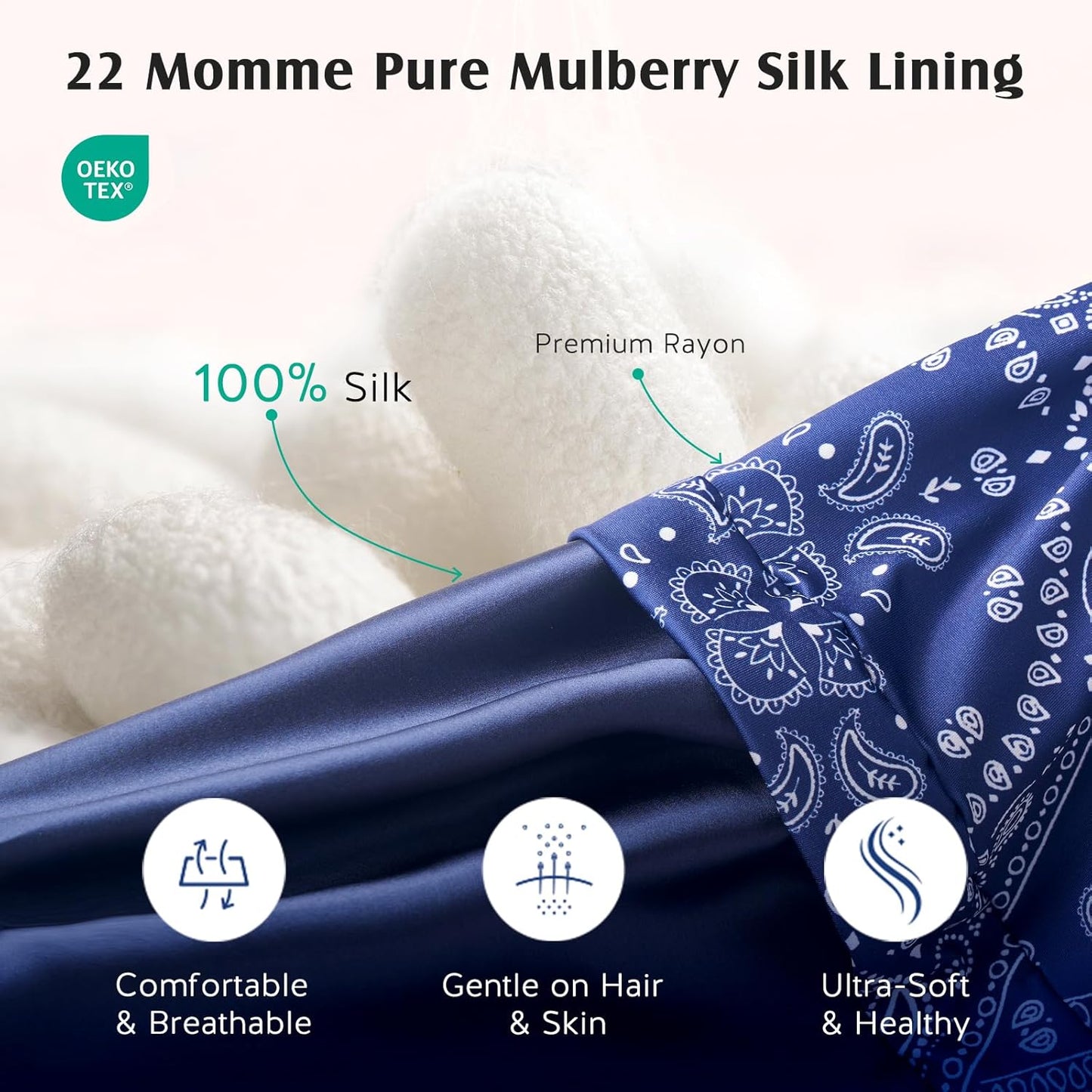 YFONG Print Pure Silk Lined Beanies for Women & Men, 22 MM Mulberry Silk Bonnet for Sleeping, Chemo Headwear, Adjustable Stay on Slouchy Hat Cap for Curly Long Hair & Braids, Blue