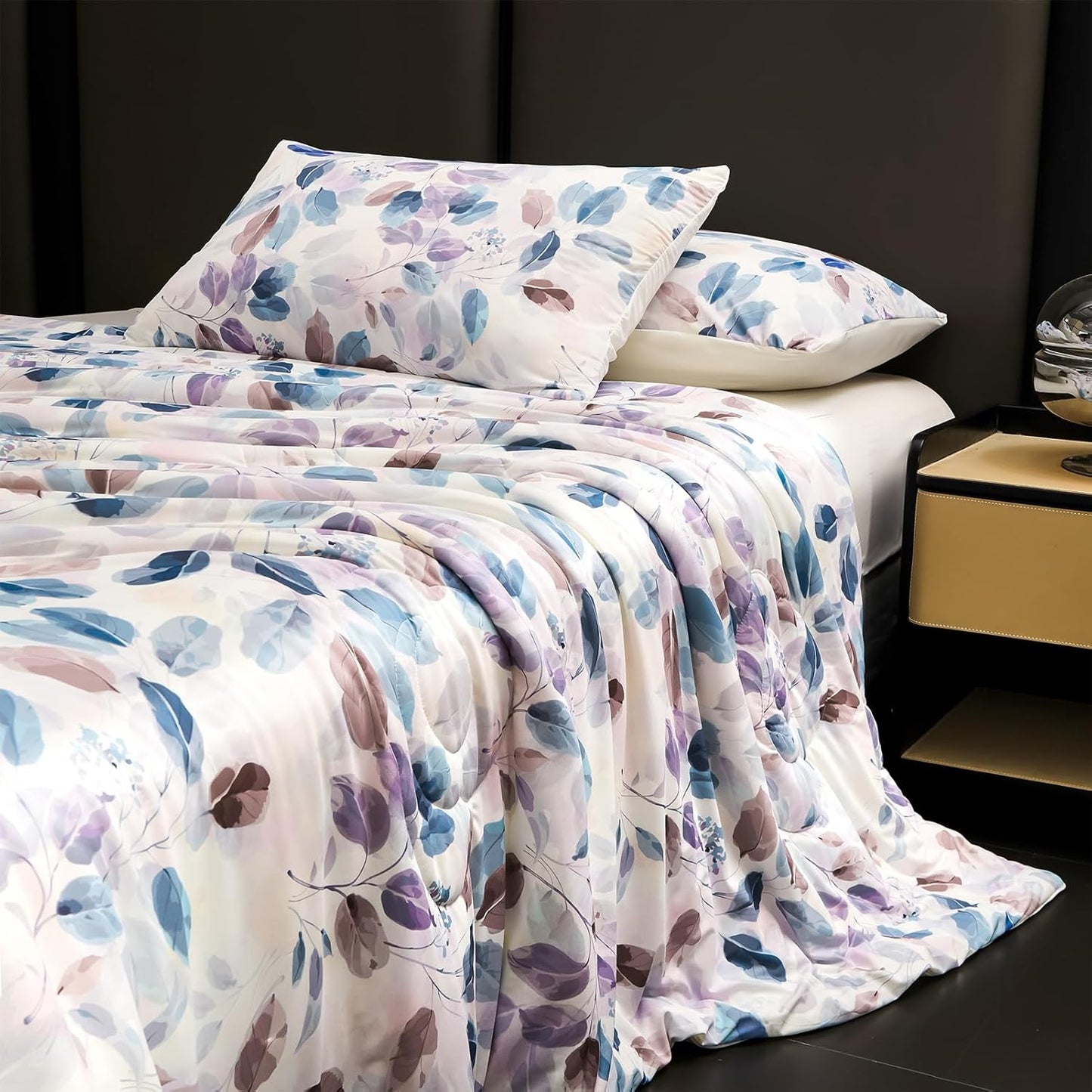 Cyusri Print Cooling Comforter Set 3Pcs Breathable Cool King Size Bedding Set with 2 Pillowcases Leaf Pattern Silky Cold Quilt, Blue 108"x90"