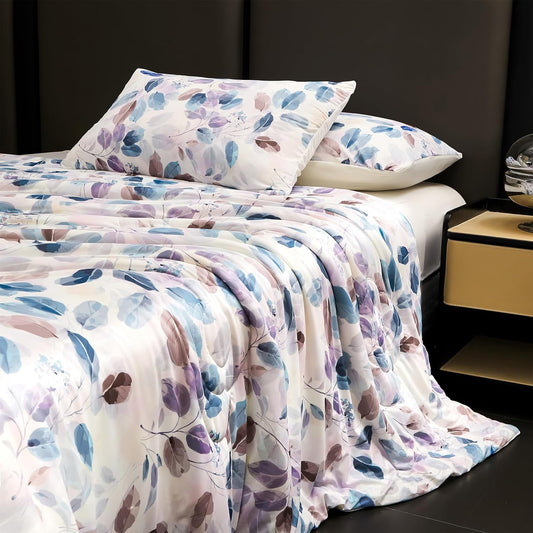Cyusri Print Cooling Comforter Set 3Pcs Breathable Cool Queen Size Bedding Set with 2 Pillowcases Leaf Pattern Silky Cold Quilt, Blue 90"x90"