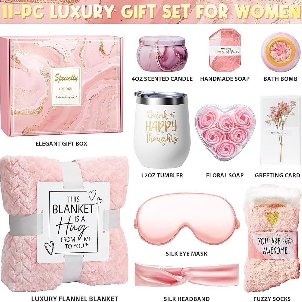 Birthday Gifts for Women Self Care Gifts Get Well Soon Basket Rose Relaxing Spa Gift Care Package Luxurious Flannel Blanket Unique Christmas Gift for Mom Her Friend Sister Wife Grandma