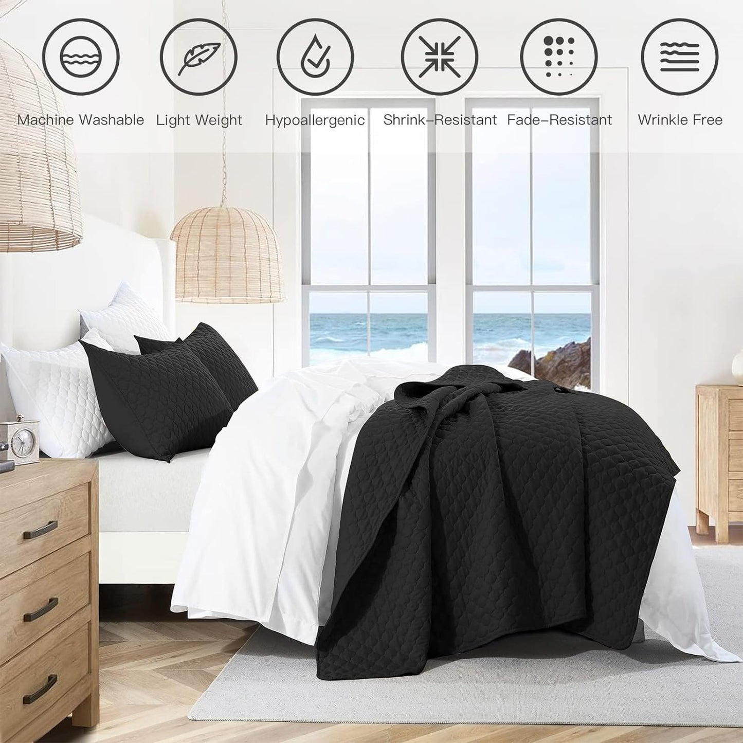HORIMOTE HOME Quilt Set King Size, Black Bedspread with Clouds Pattern, Soft Coverlet Set Lightweight Microfiber Quilted Bedspread for All Season, Includes 1 Quilt and 2 Pillow Shams